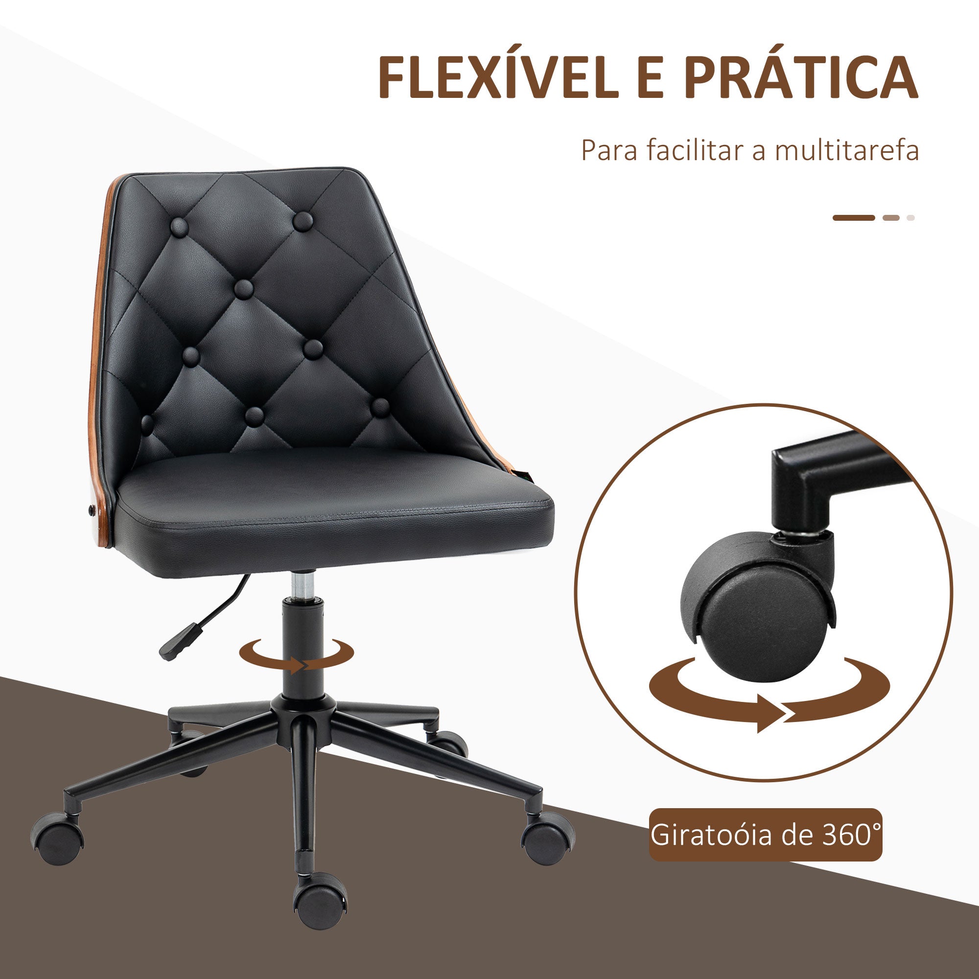 Cadeira de Escritório Estofada em Couro PU Preto e Nogueira 54x54,5x76-86cm