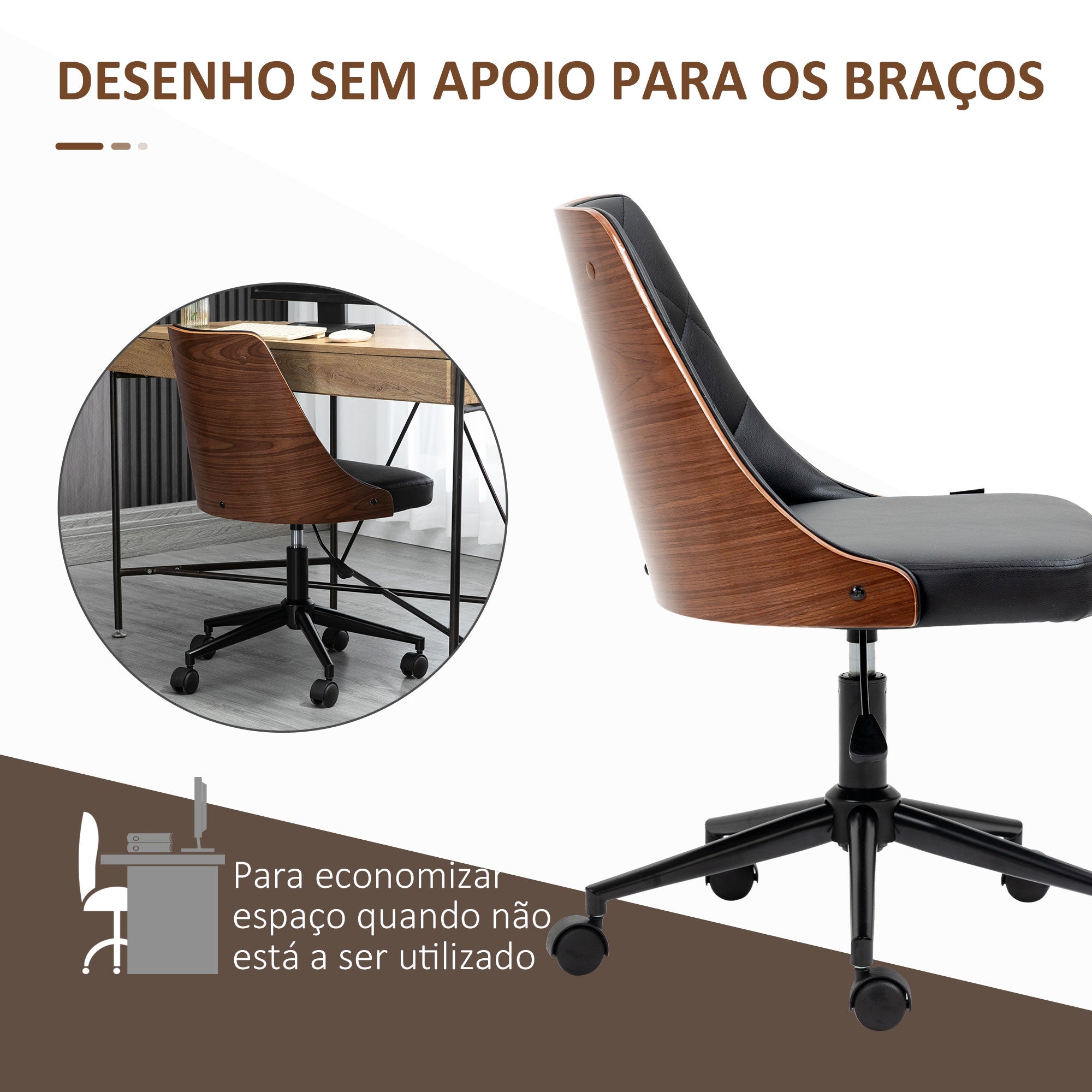 Cadeira de Escritório Estofada em Couro PU Preto e Nogueira 54x54,5x76-86cm