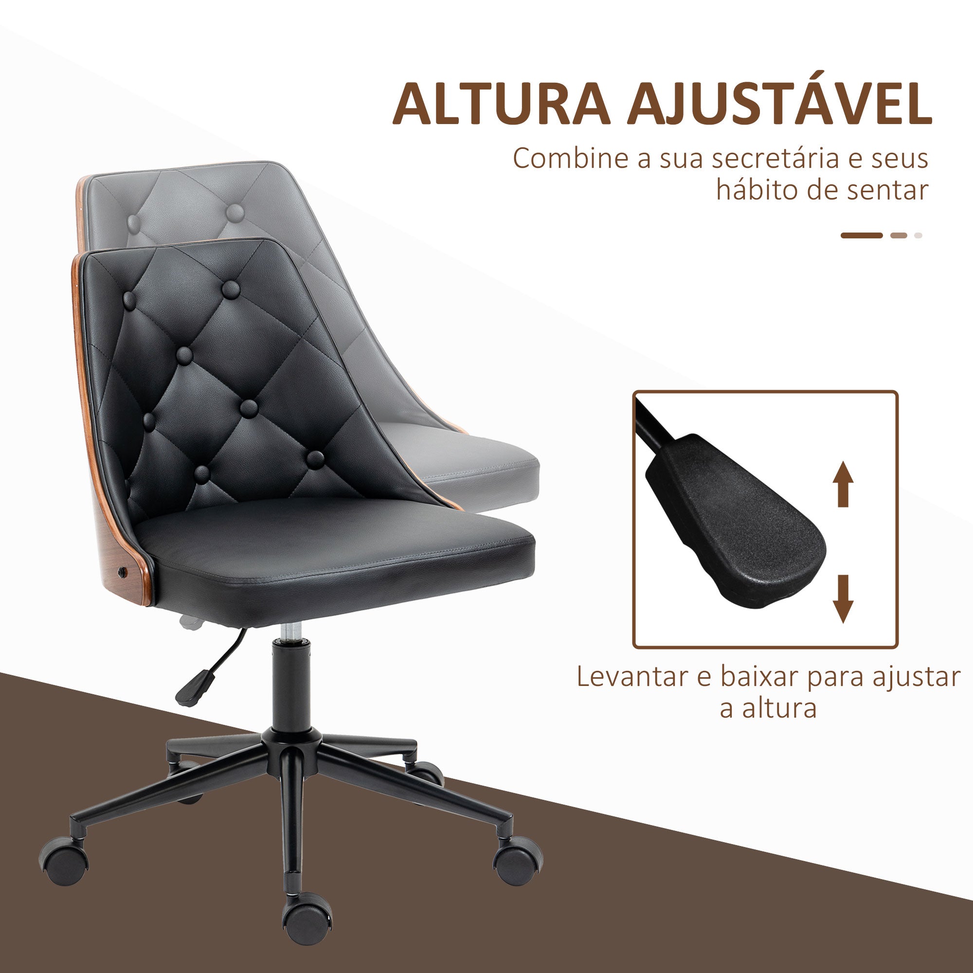 Cadeira de Escritório Estofada em Couro PU Preto e Nogueira 54x54,5x76-86cm