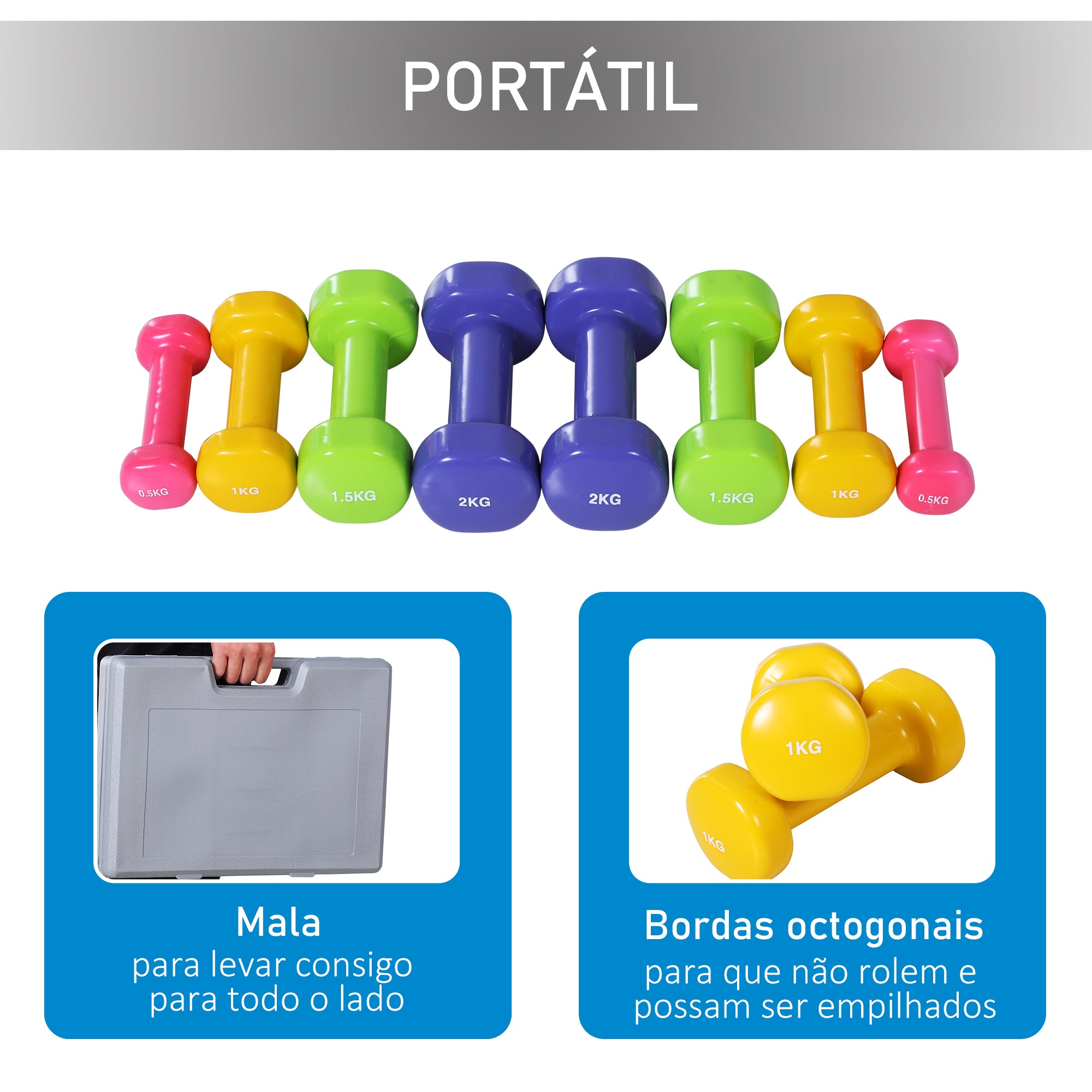 Jogo de 8 Halteres Hexagonais Multicoloridos - 2kg, 1,5kg, 1kg, 0,5kg