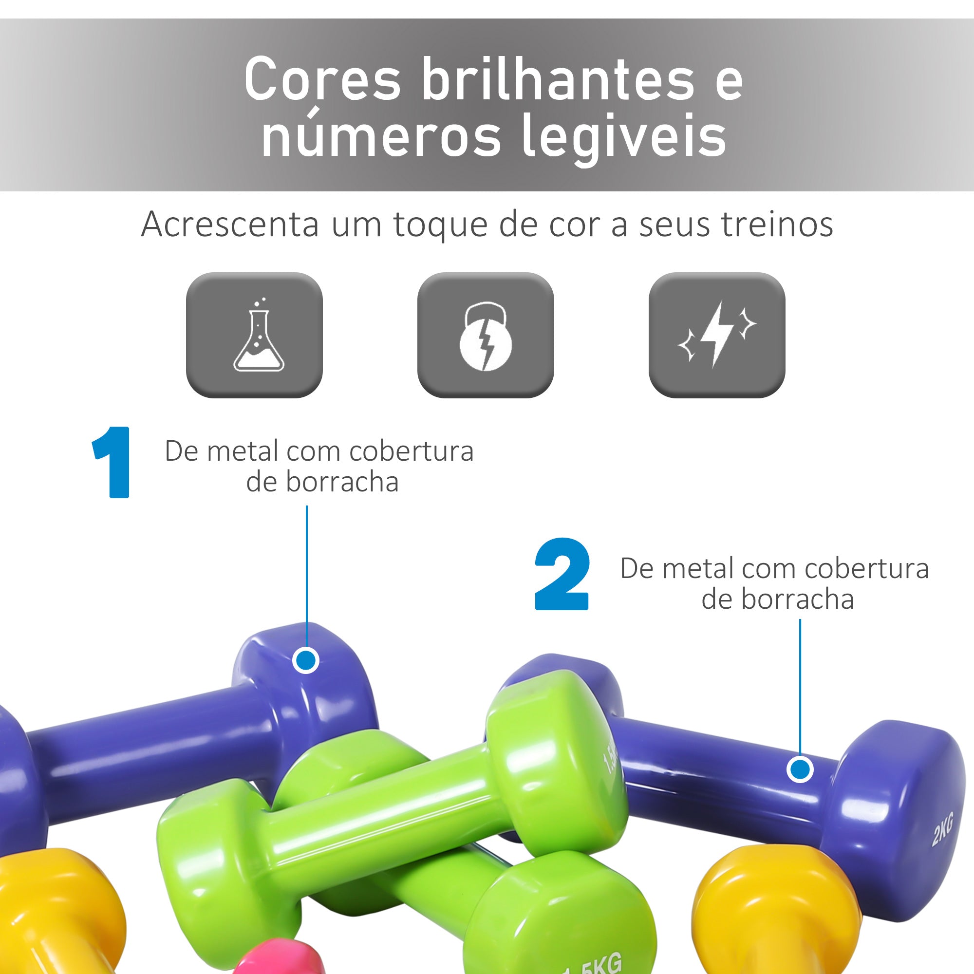 Jogo de 8 Halteres Hexagonais Multicoloridos - 2kg, 1,5kg, 1kg, 0,5kg