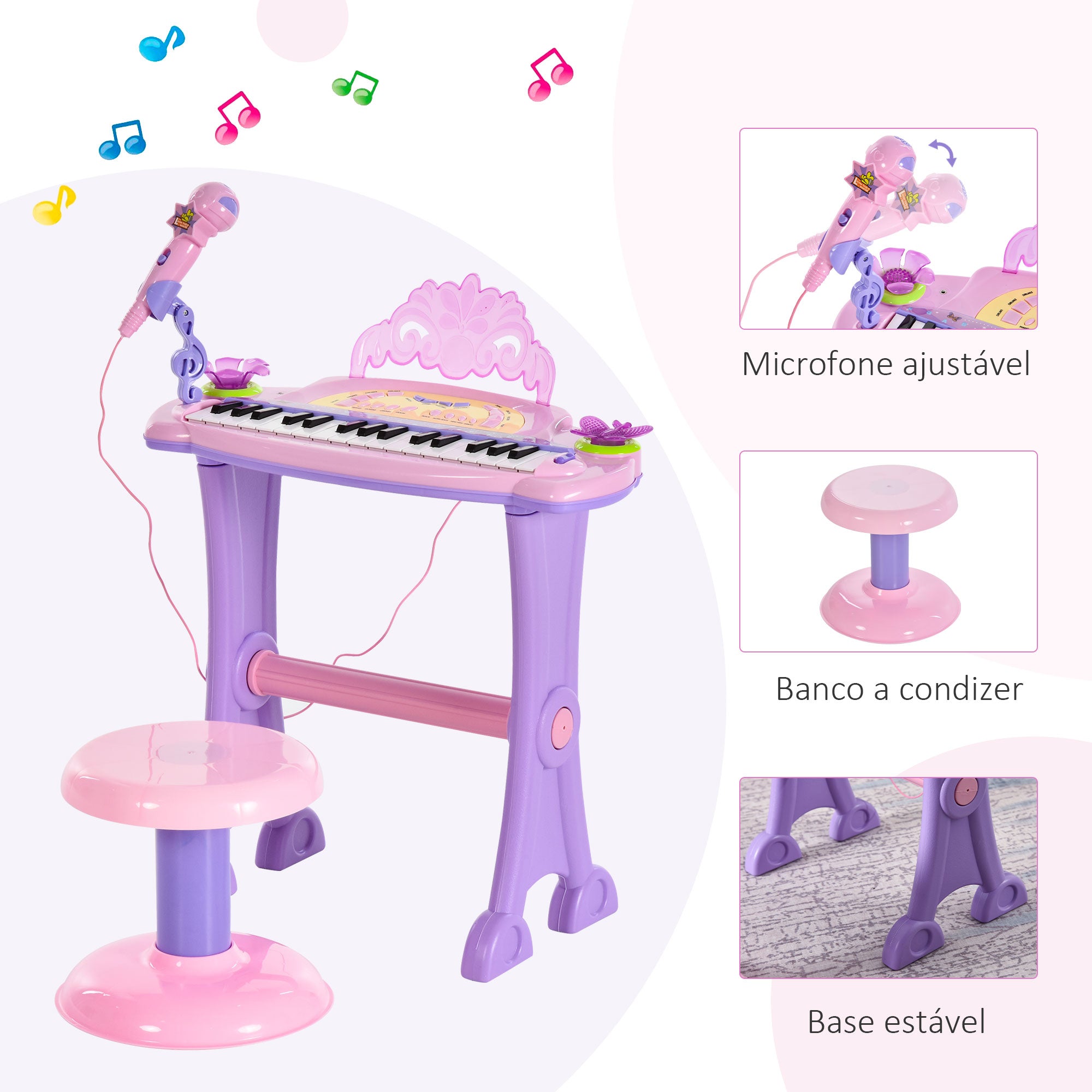Piano Infantil 32 Teclas com Microfone e Banquinho - Rosa (45x21x55 cm)