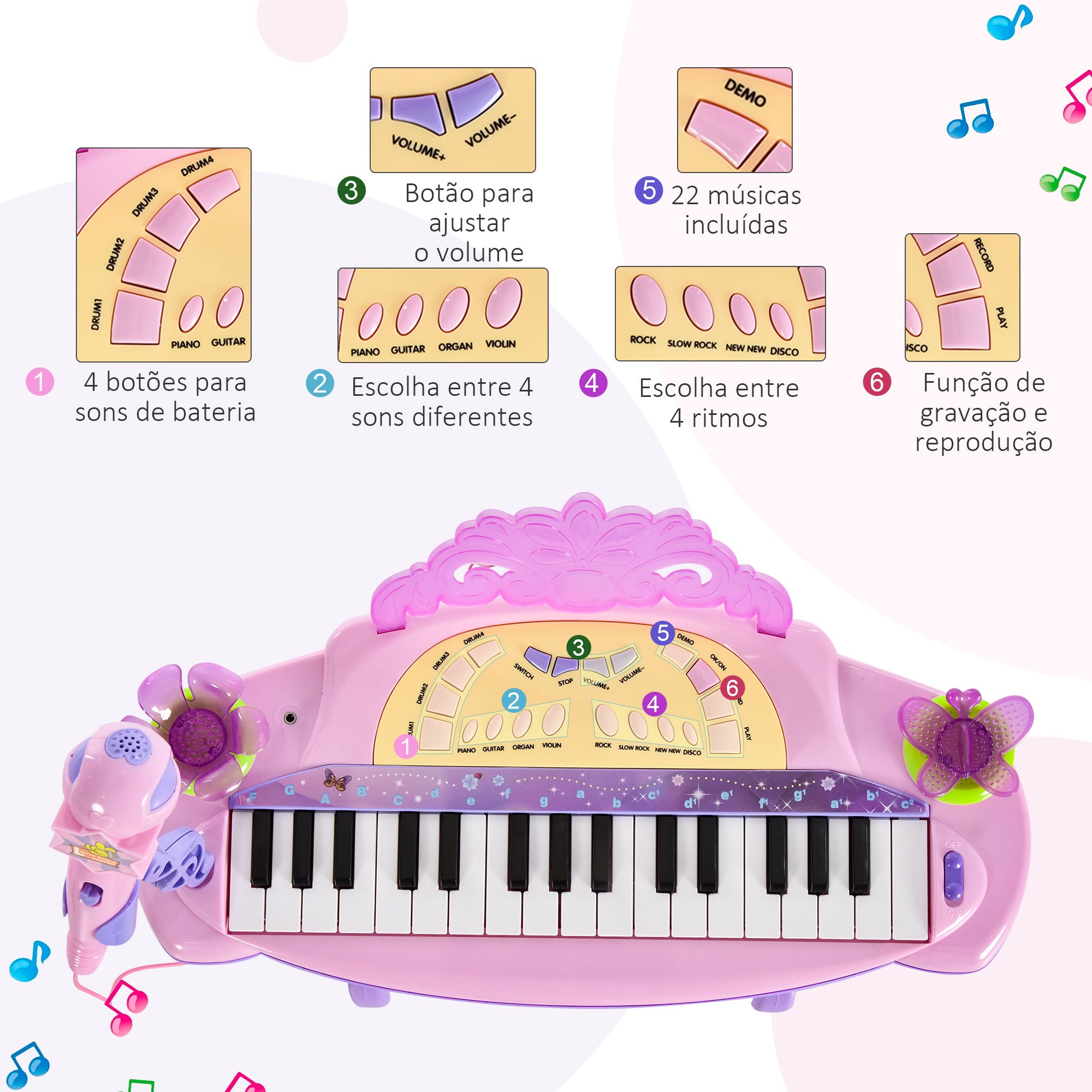 Piano Infantil 32 Teclas com Microfone e Banquinho - Rosa (45x21x55 cm)