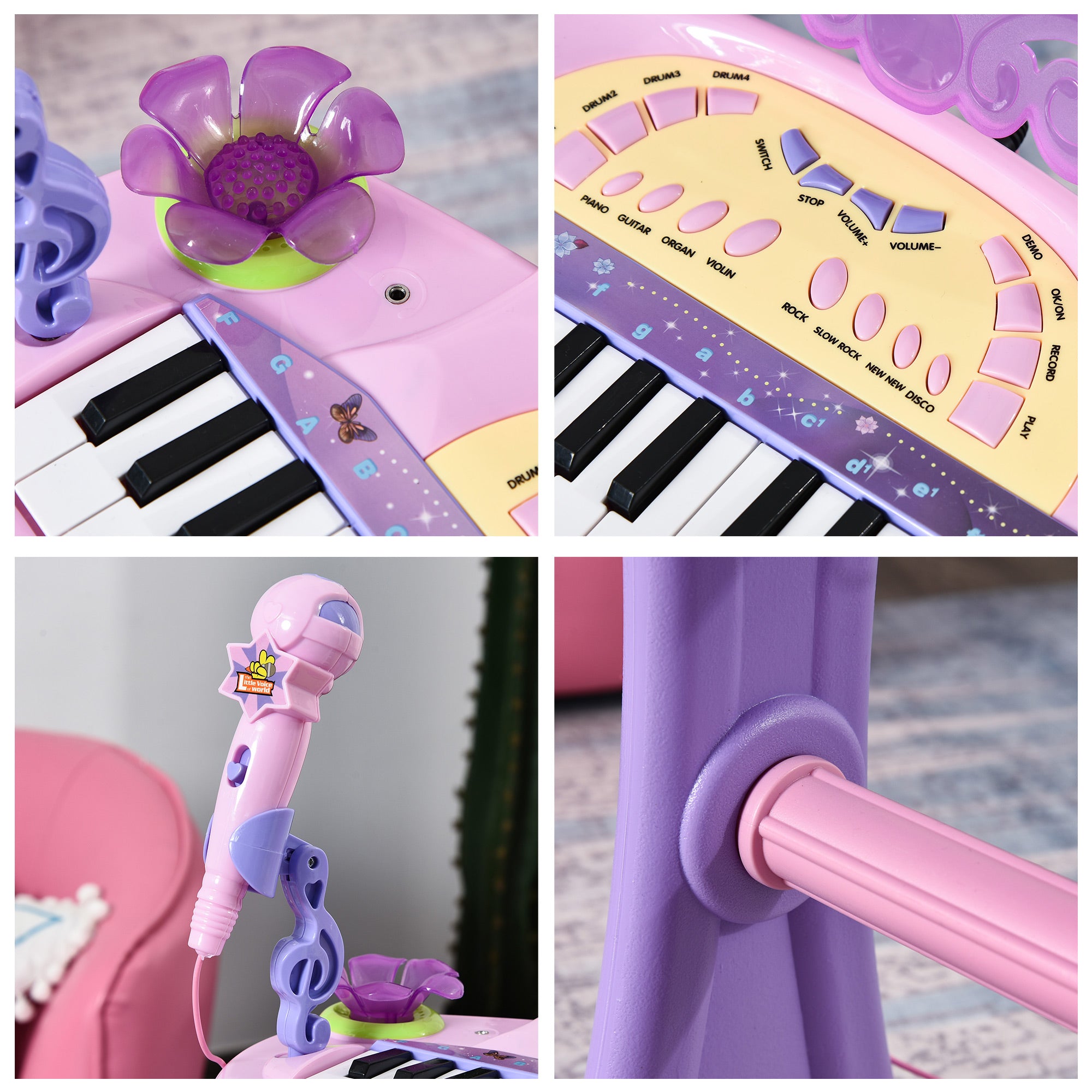 Piano Infantil 32 Teclas com Microfone e Banquinho - Rosa (45x21x55 cm)
