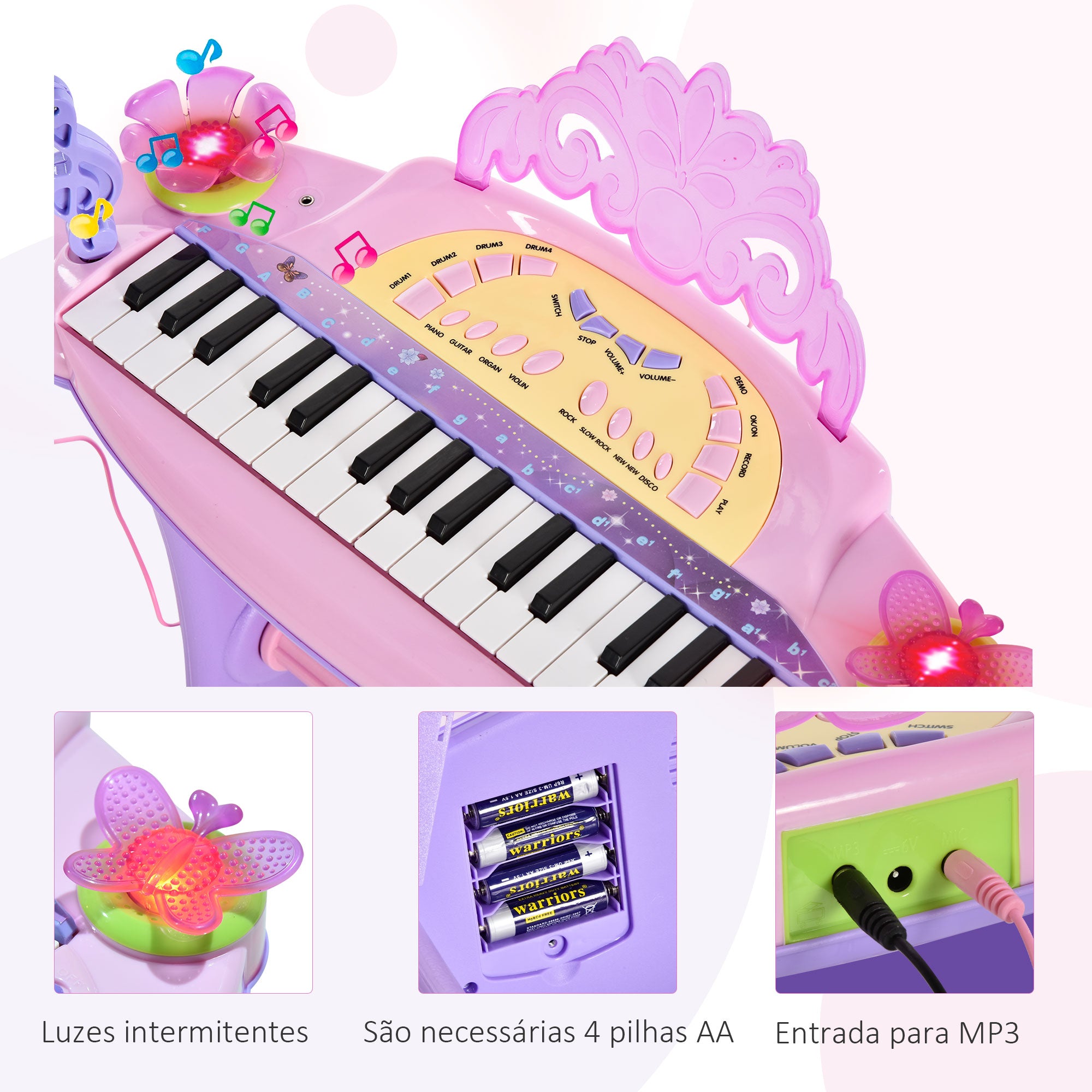 Piano Infantil 32 Teclas com Microfone e Banquinho - Rosa (45x21x55 cm)