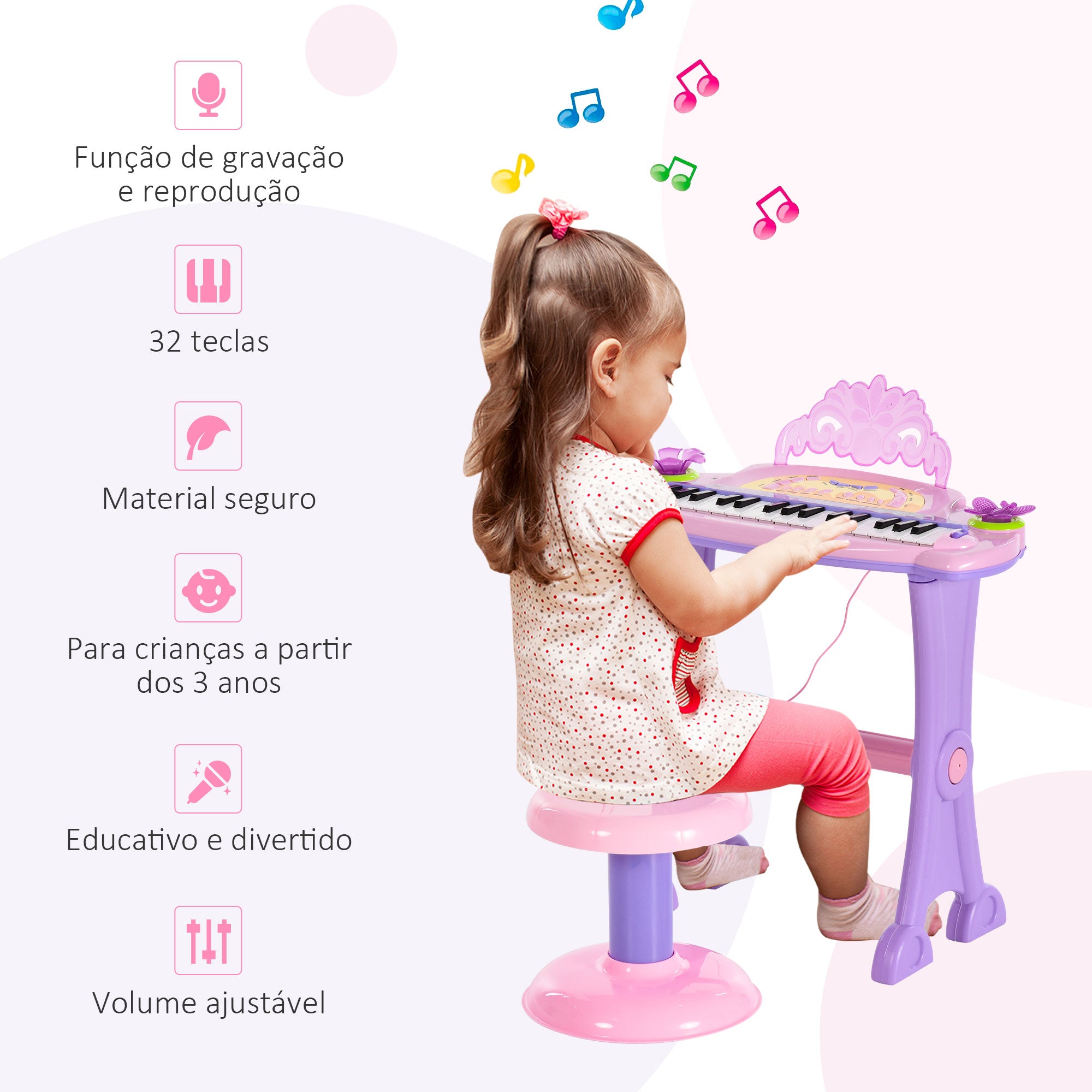 Piano Infantil 32 Teclas com Microfone e Banquinho - Rosa (45x21x55 cm)