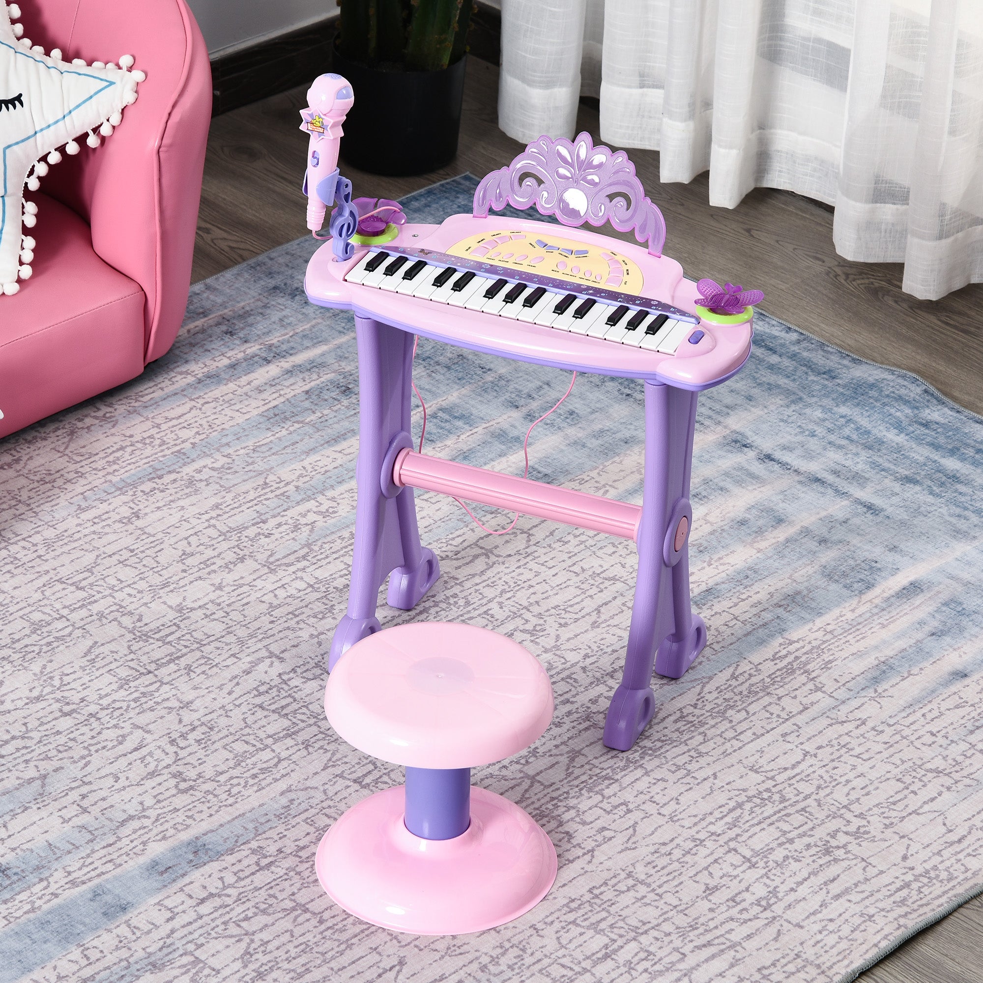Piano Infantil 32 Teclas com Microfone e Banquinho - Rosa (45x21x55 cm)