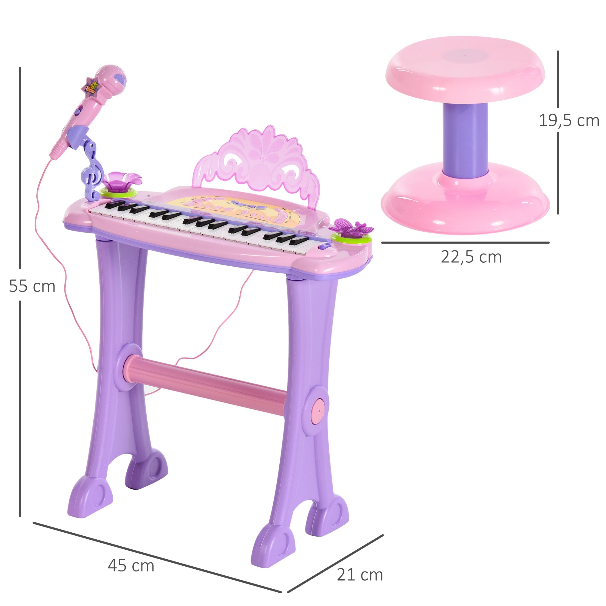 Piano Infantil 32 Teclas com Microfone e Banquinho - Rosa (45x21x55 cm)