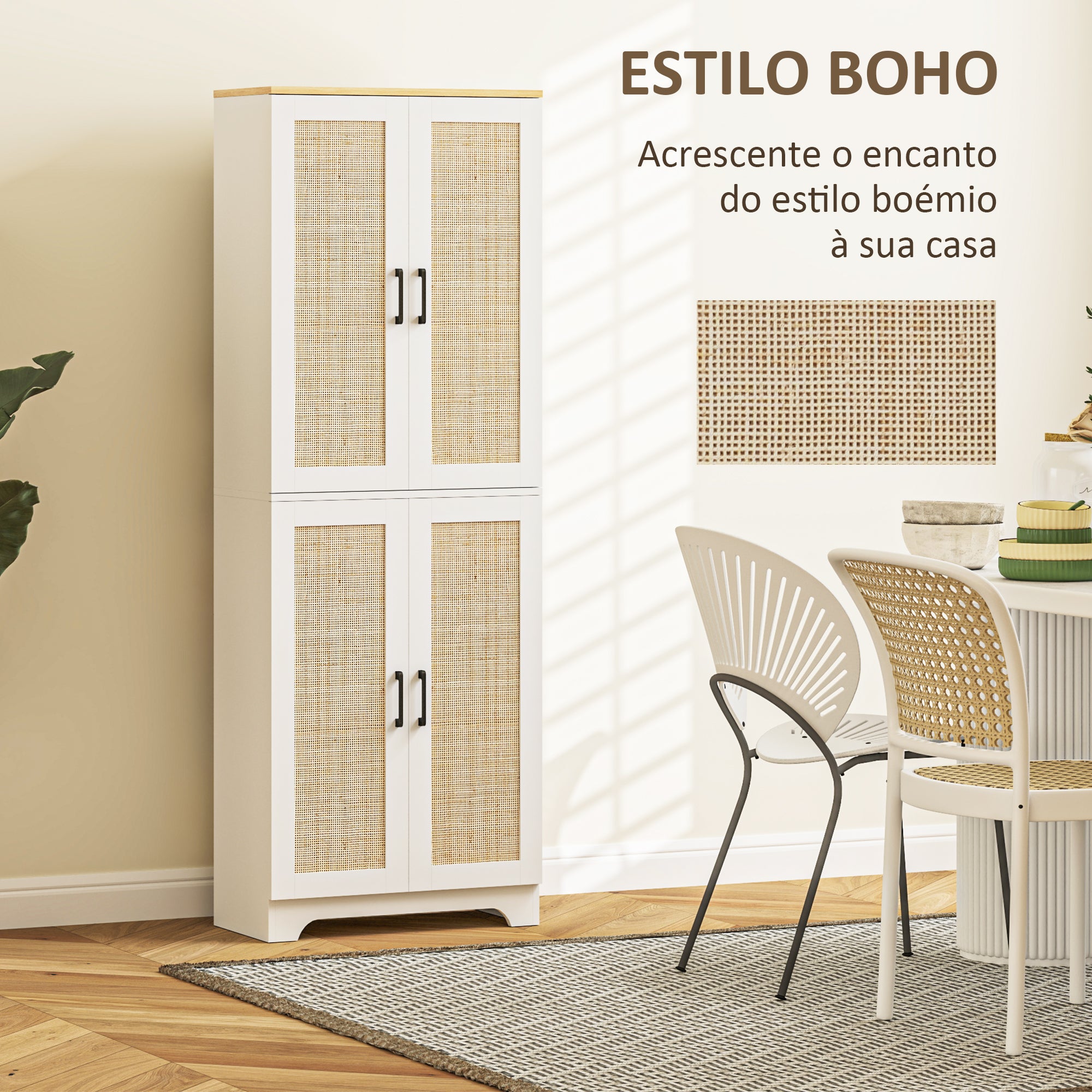 Armário de Cozinha Alto com Prateleiras Ajustáveis em Vime Branco 60x30x170 cm