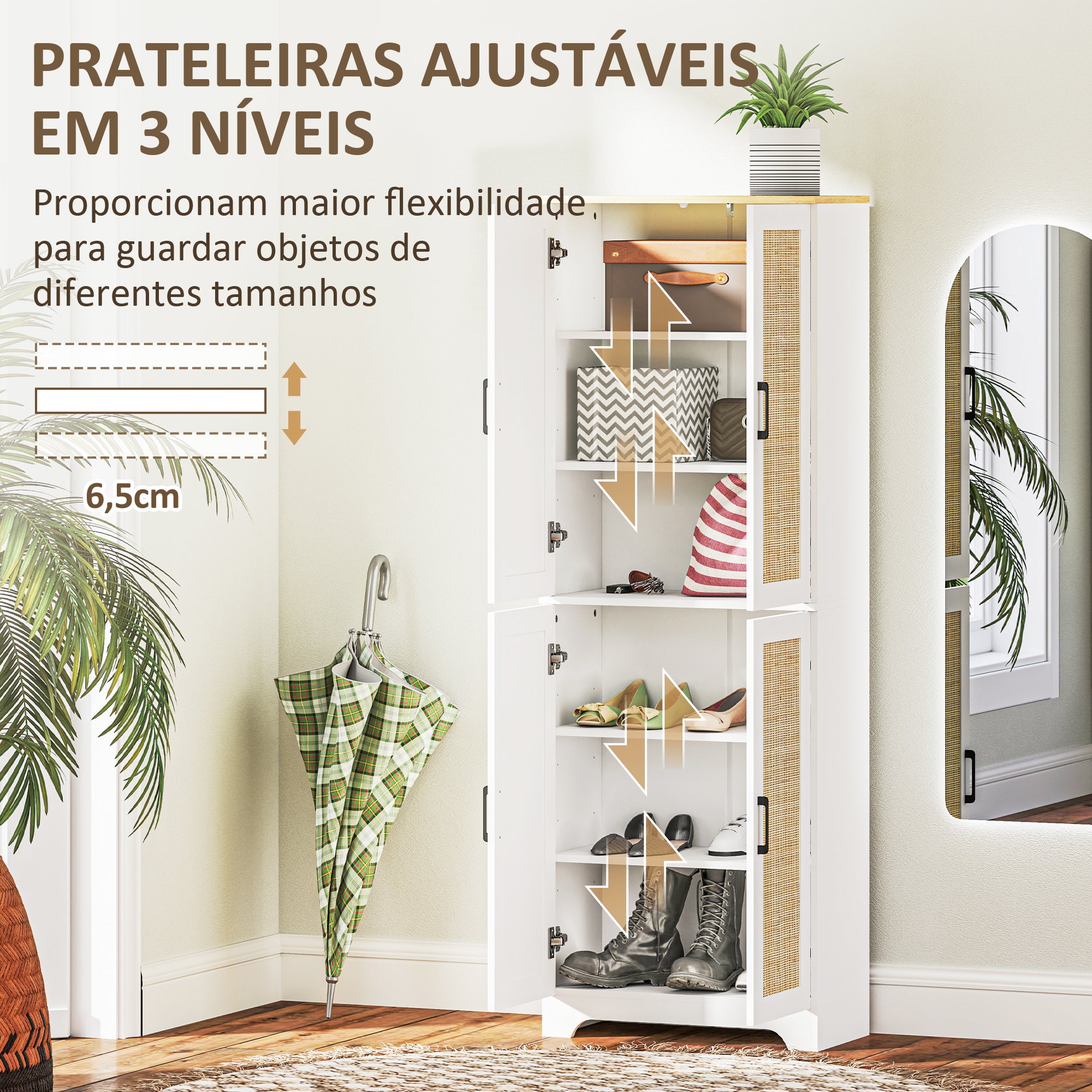 Armário de Cozinha Alto com Prateleiras Ajustáveis em Vime Branco 60x30x170 cm
