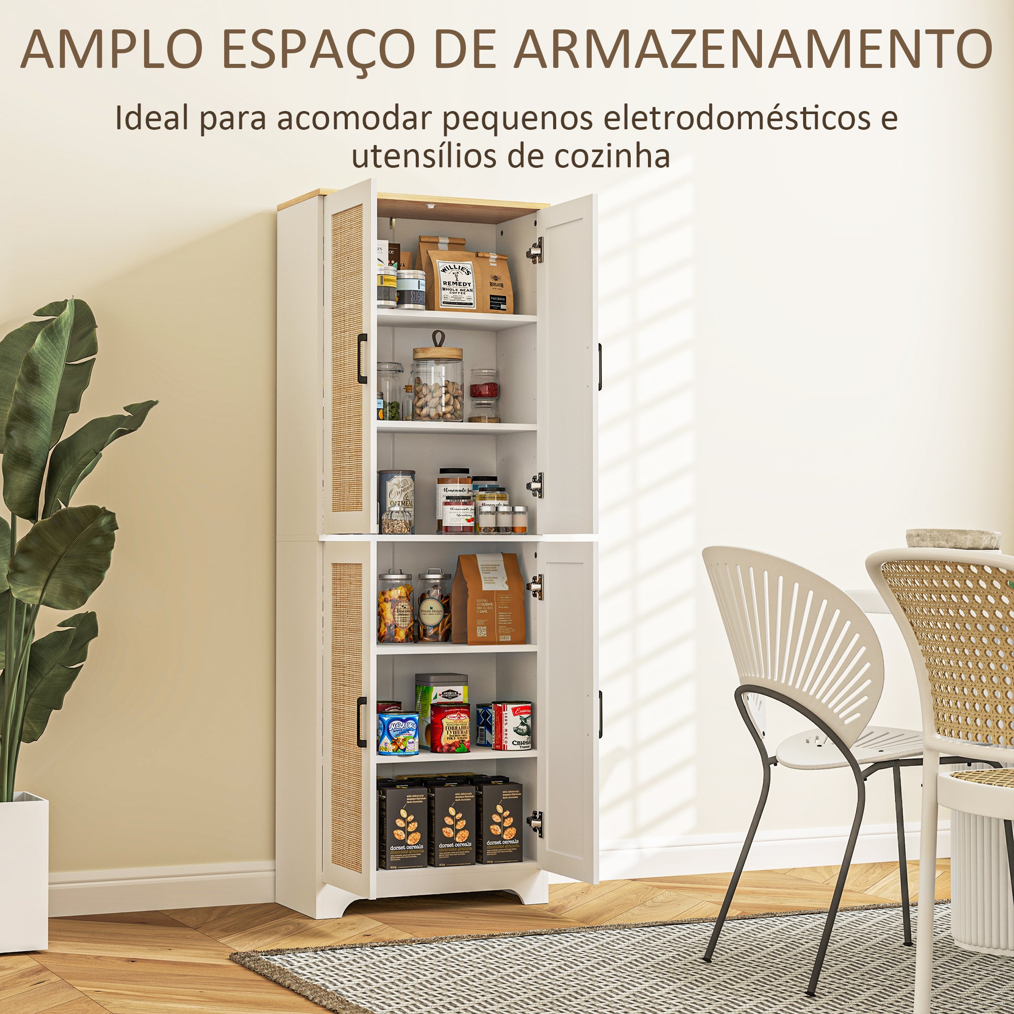 Armário de Cozinha Alto com Prateleiras Ajustáveis em Vime Branco 60x30x170 cm