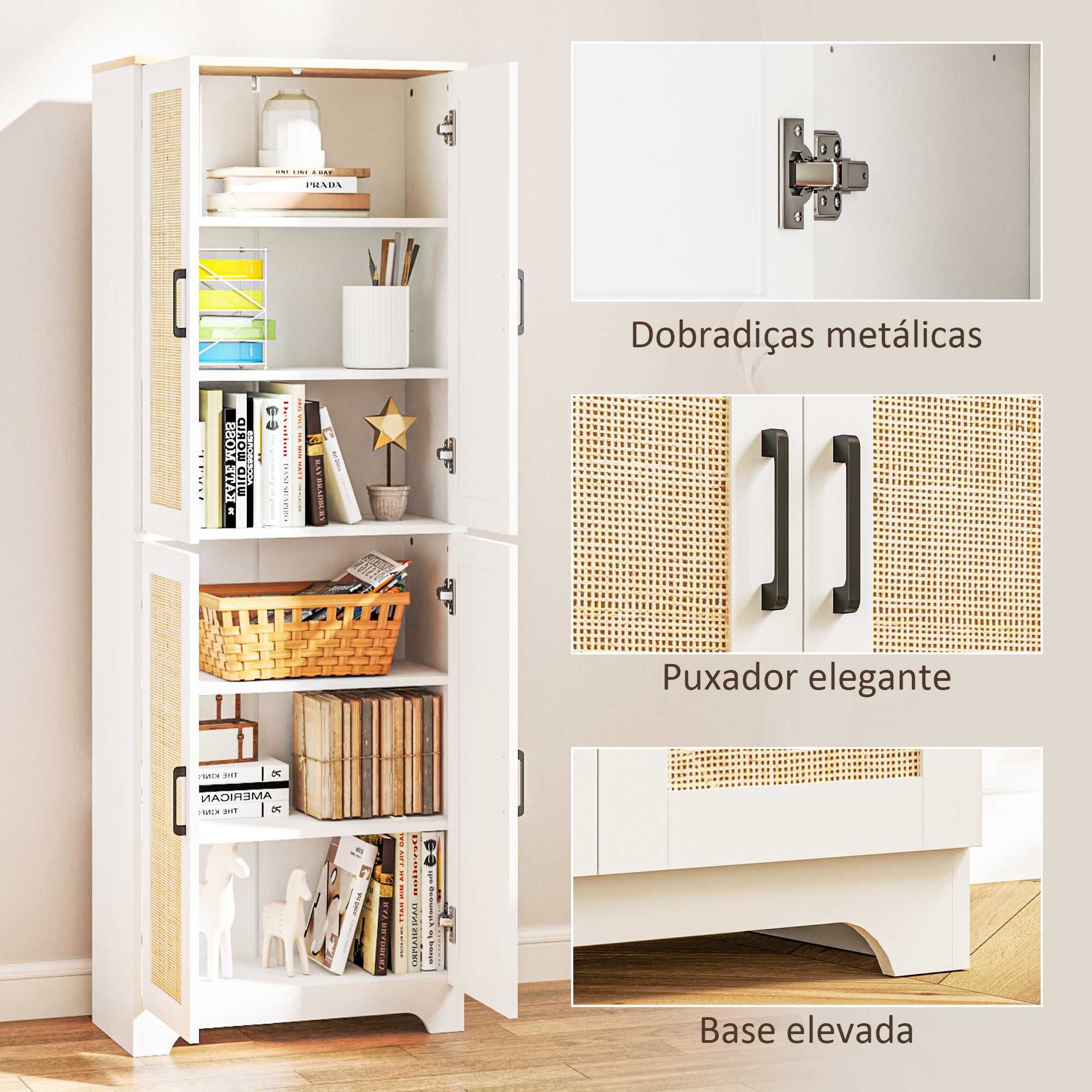 Armário de Cozinha Alto com Prateleiras Ajustáveis em Vime Branco 60x30x170 cm