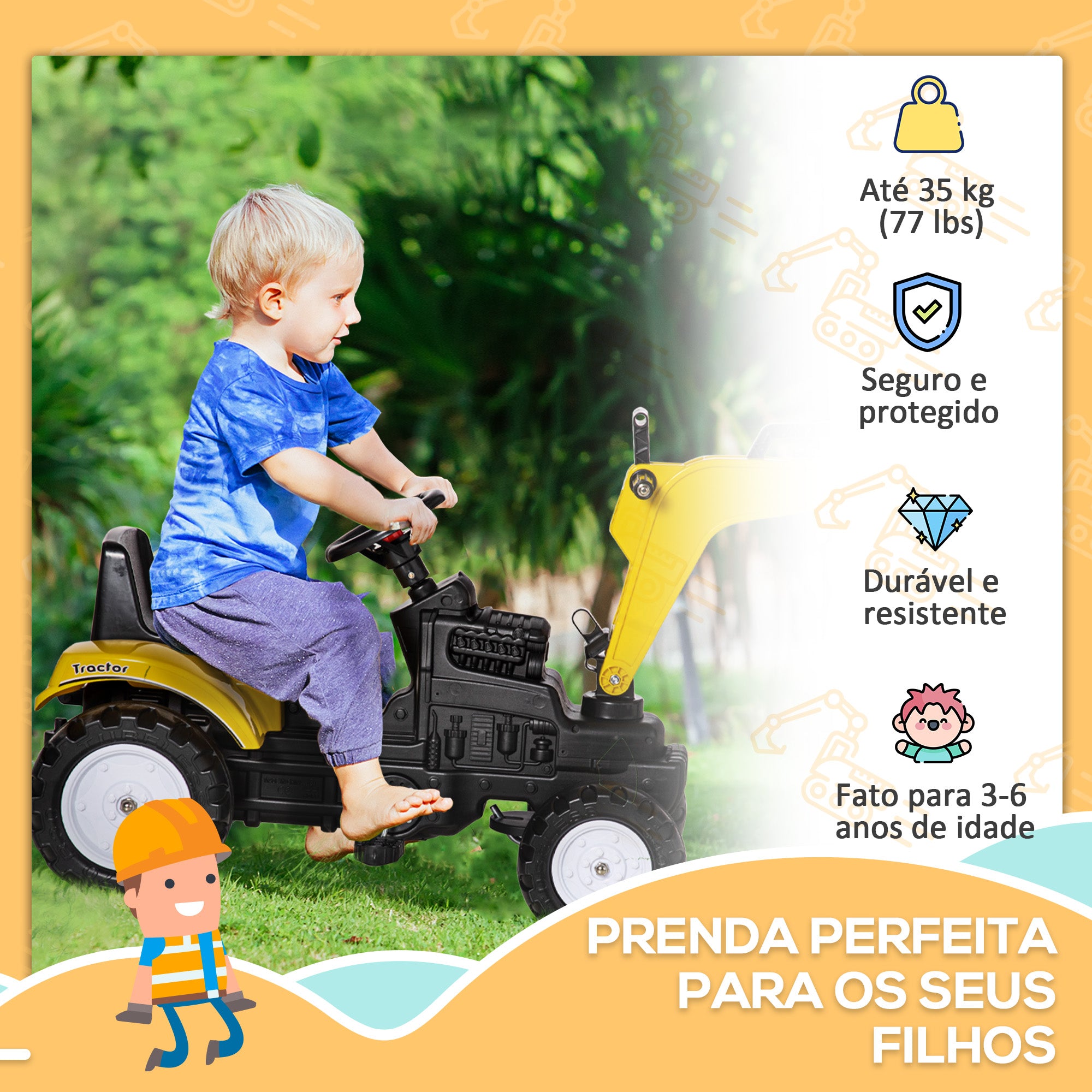 Trator a Pedais para Crianças Amarelo 107x42x71 cm