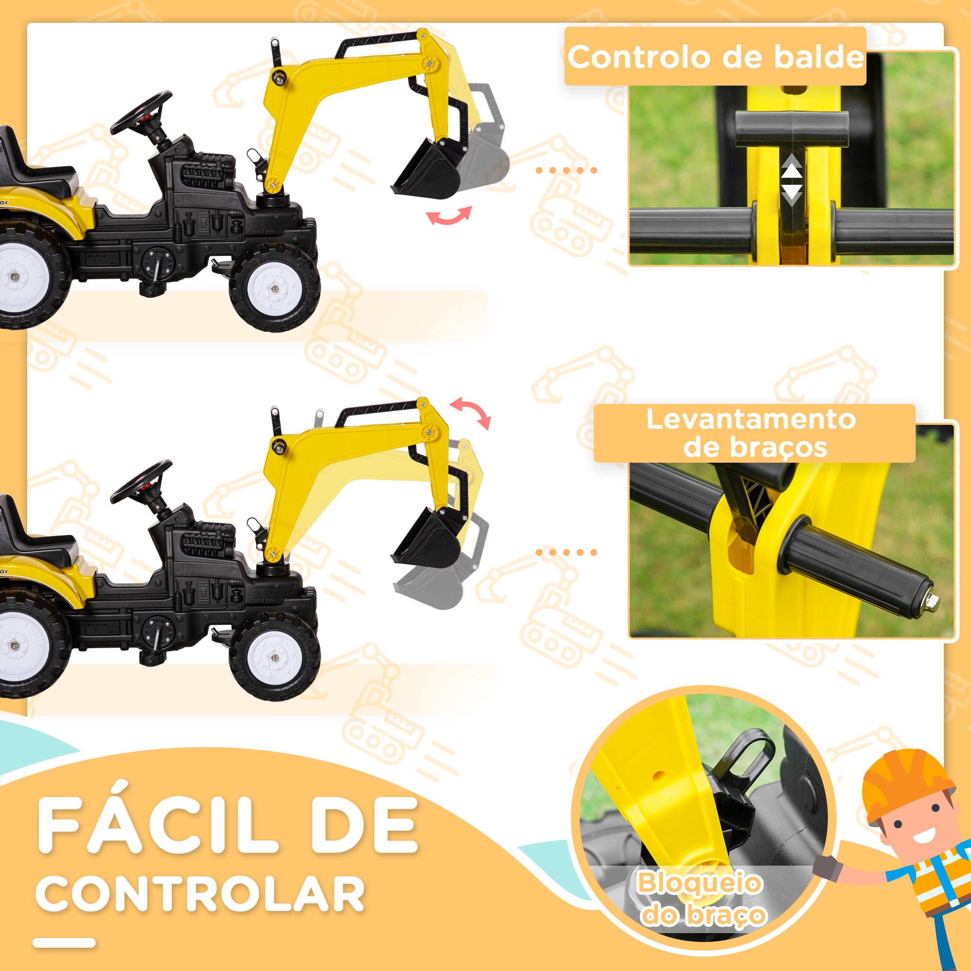 Trator a Pedais para Crianças Amarelo 107x42x71 cm