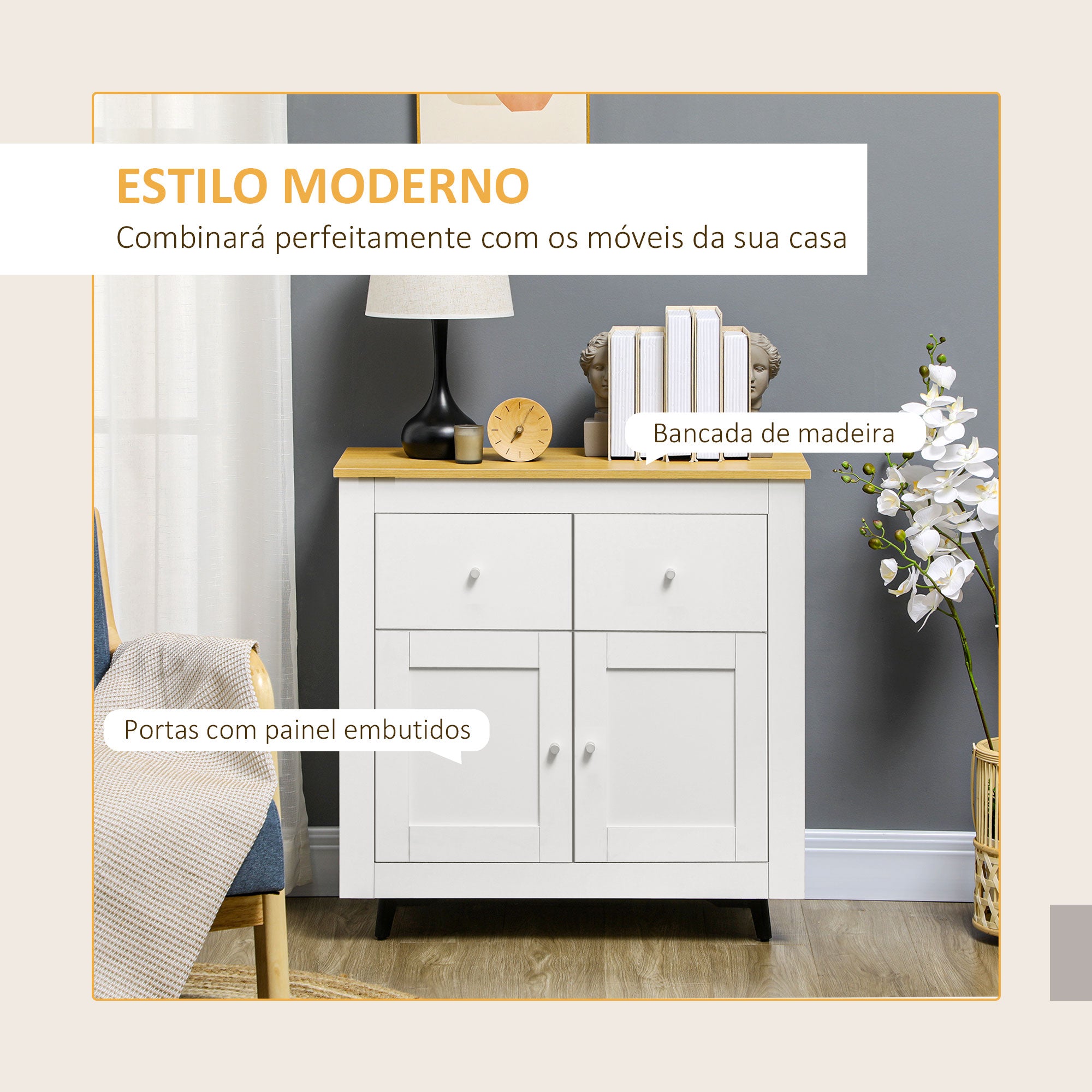 Aparador Moderno com Portas Duplas e 2 Gavetas 78x35x80 cm Branco e Madeira