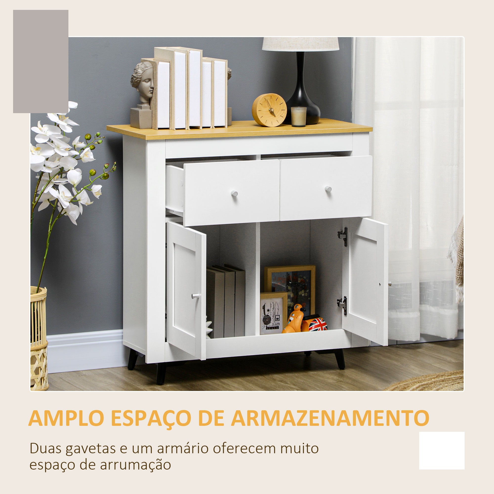 Aparador Moderno com Portas Duplas e 2 Gavetas 78x35x80 cm Branco e Madeira