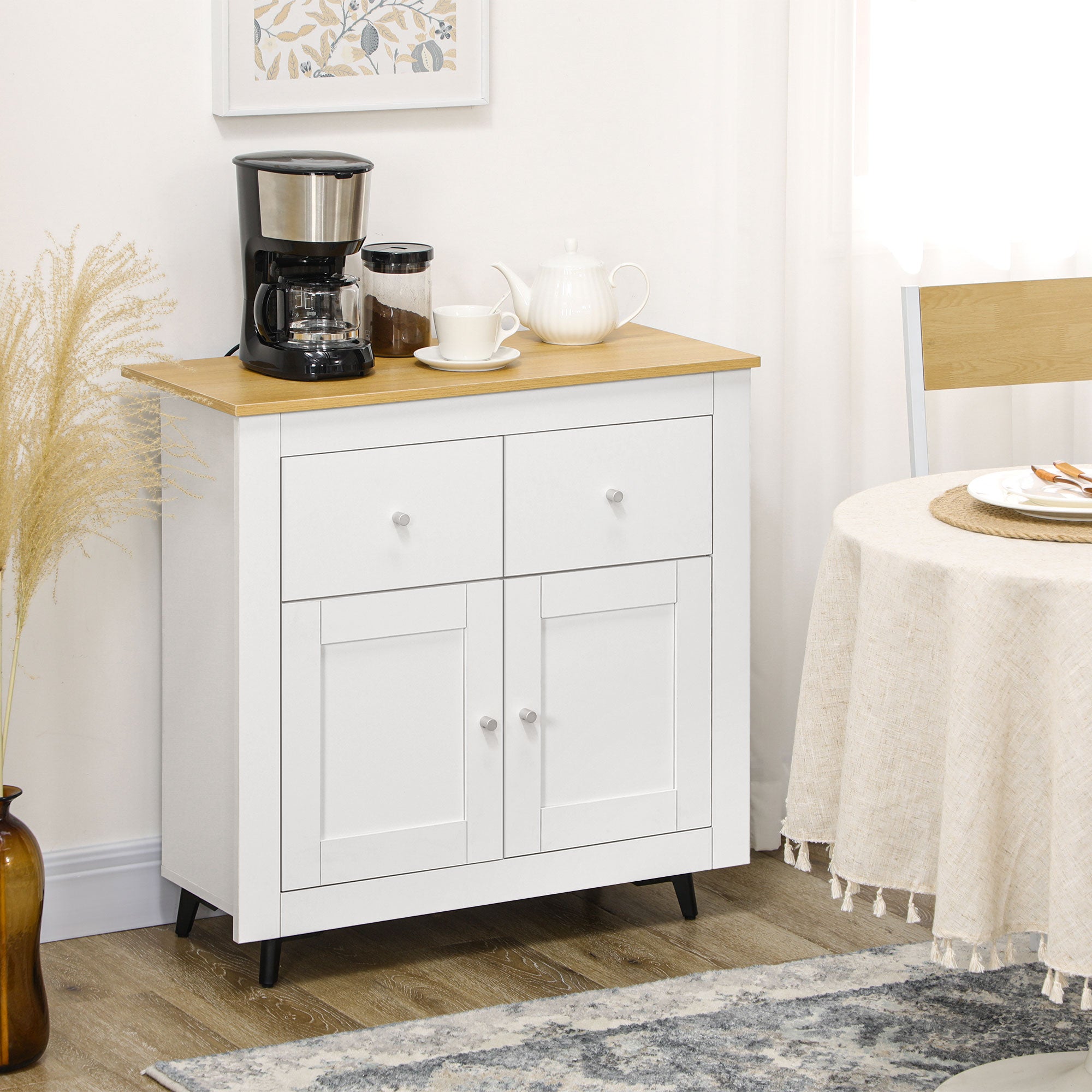 Aparador Moderno com Portas Duplas e 2 Gavetas 78x35x80 cm Branco e Madeira