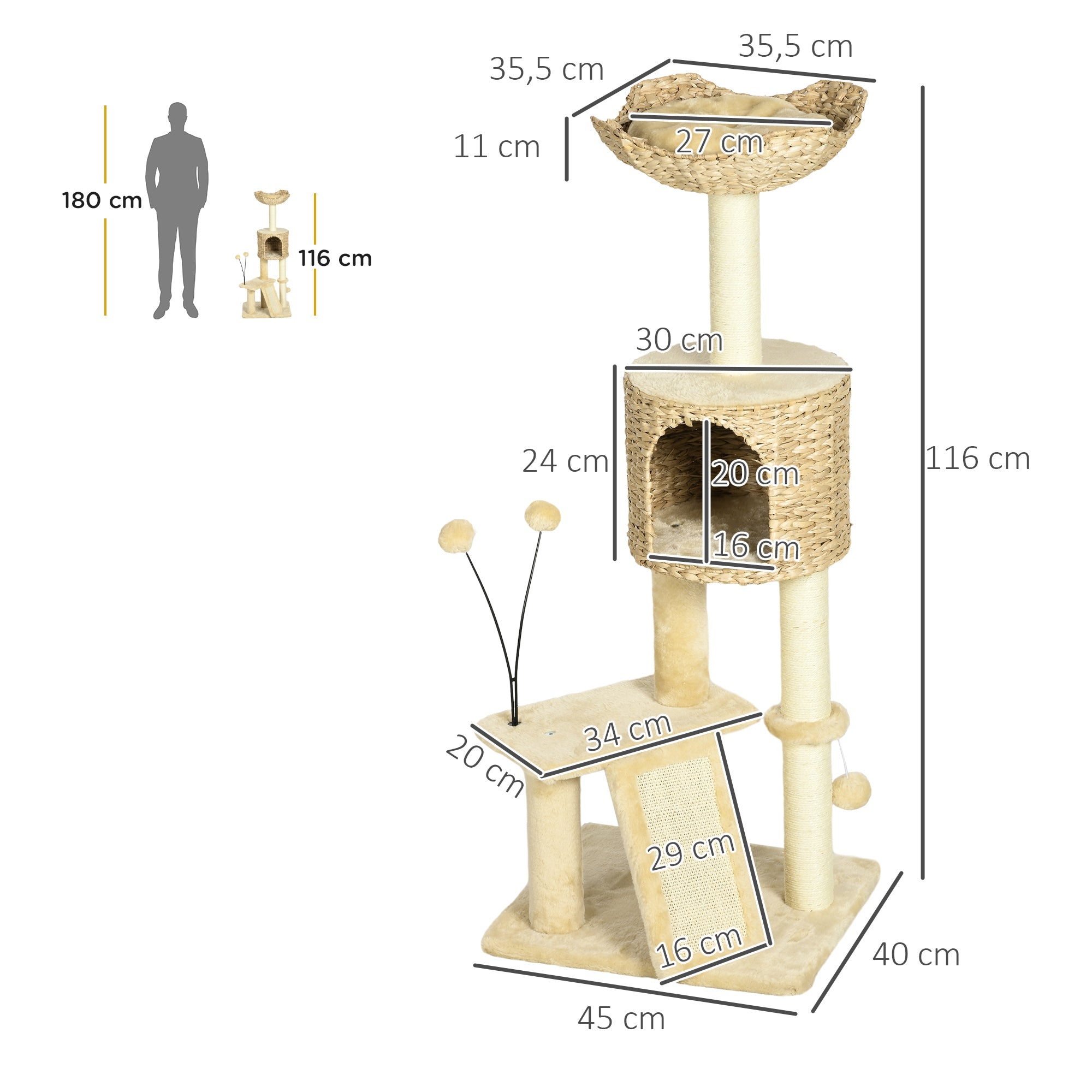 Arranhador para Gatos com Postes para Arranhar e Cama - 45x40x116 cm - Bege
