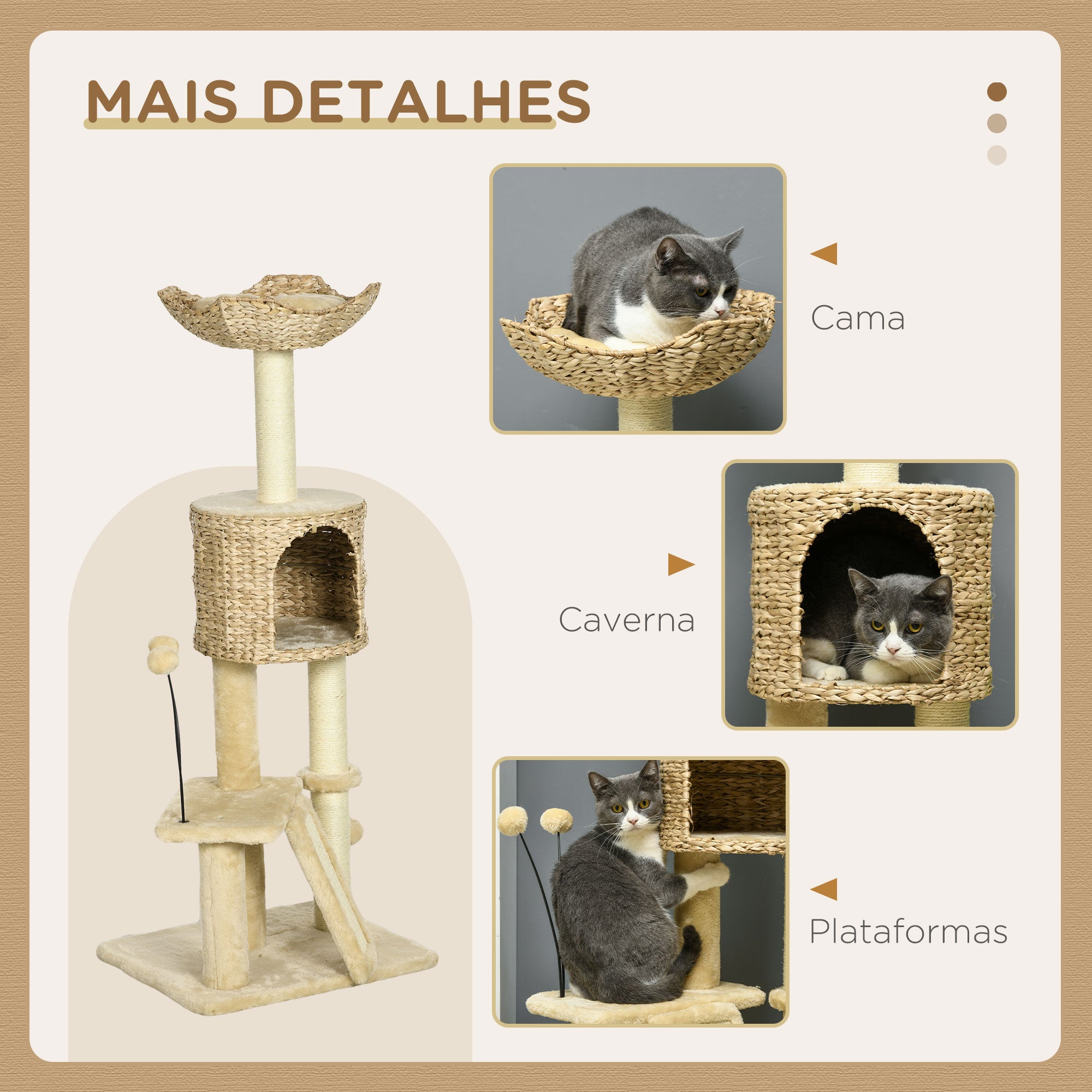 Arranhador para Gatos com Postes para Arranhar e Cama - 45x40x116 cm - Bege