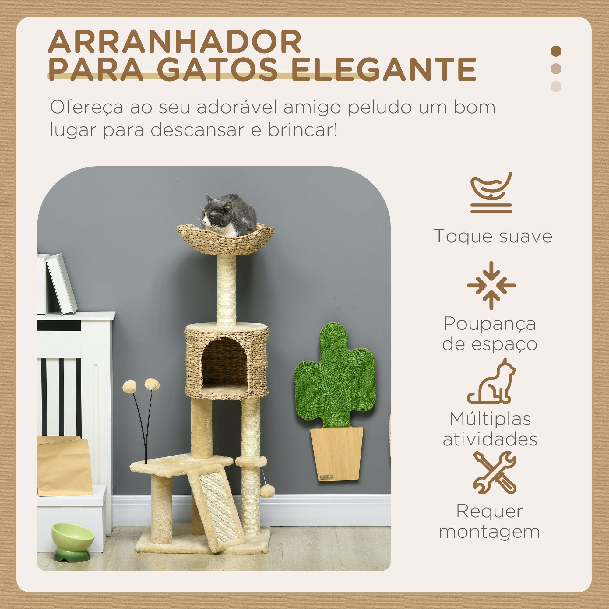 Arranhador para Gatos com Postes para Arranhar e Cama - 45x40x116 cm - Bege