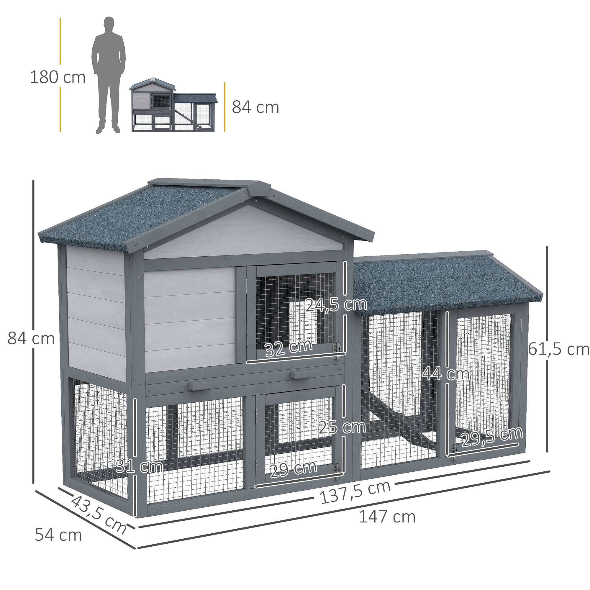 Casa para Coelhos de Madeira com Bandeja Removível 147x54x84cm - Cinzento