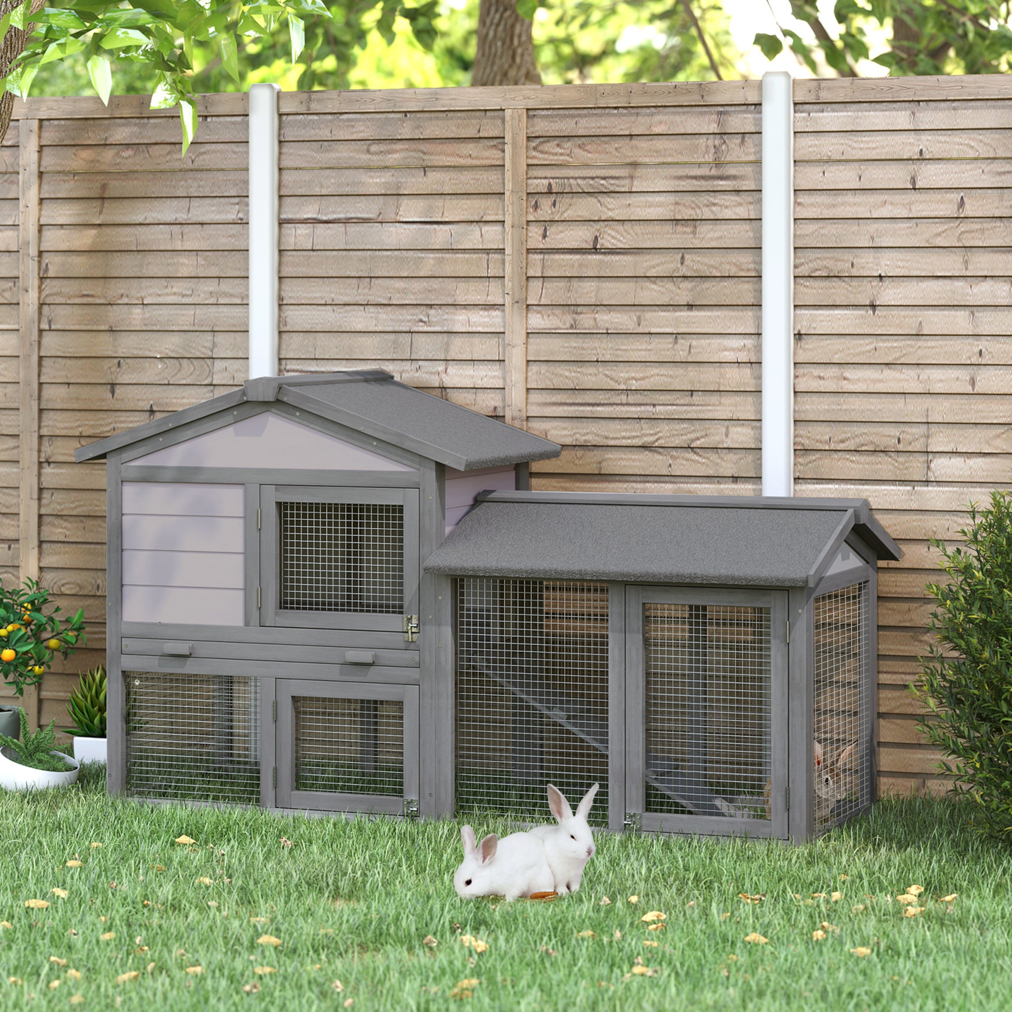 Casa para Coelhos de Madeira com Bandeja Removível 147x54x84cm - Cinzento