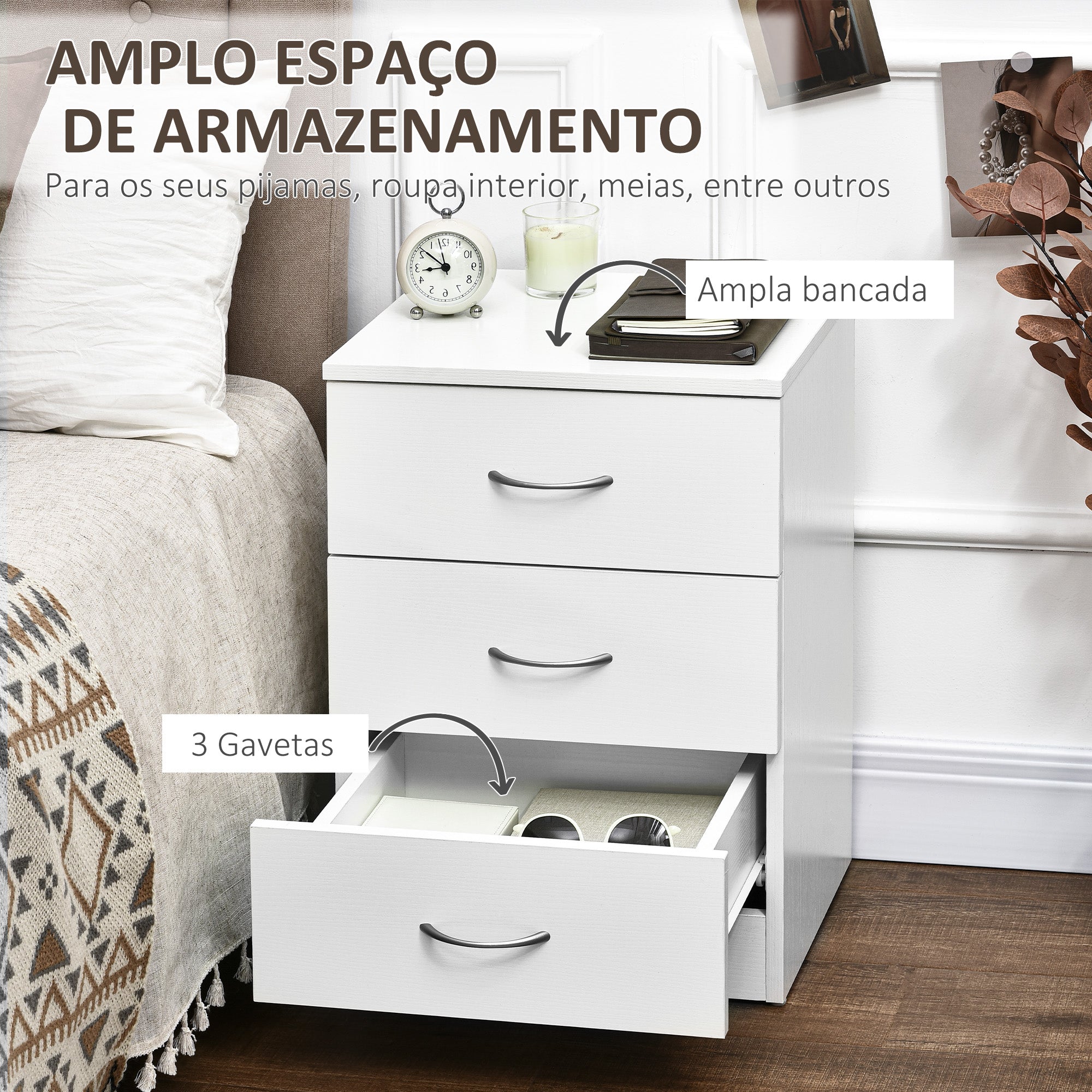 Mesa de Cabeceira Moderna com 3 Gavetas 40x35x58 cm - Branco