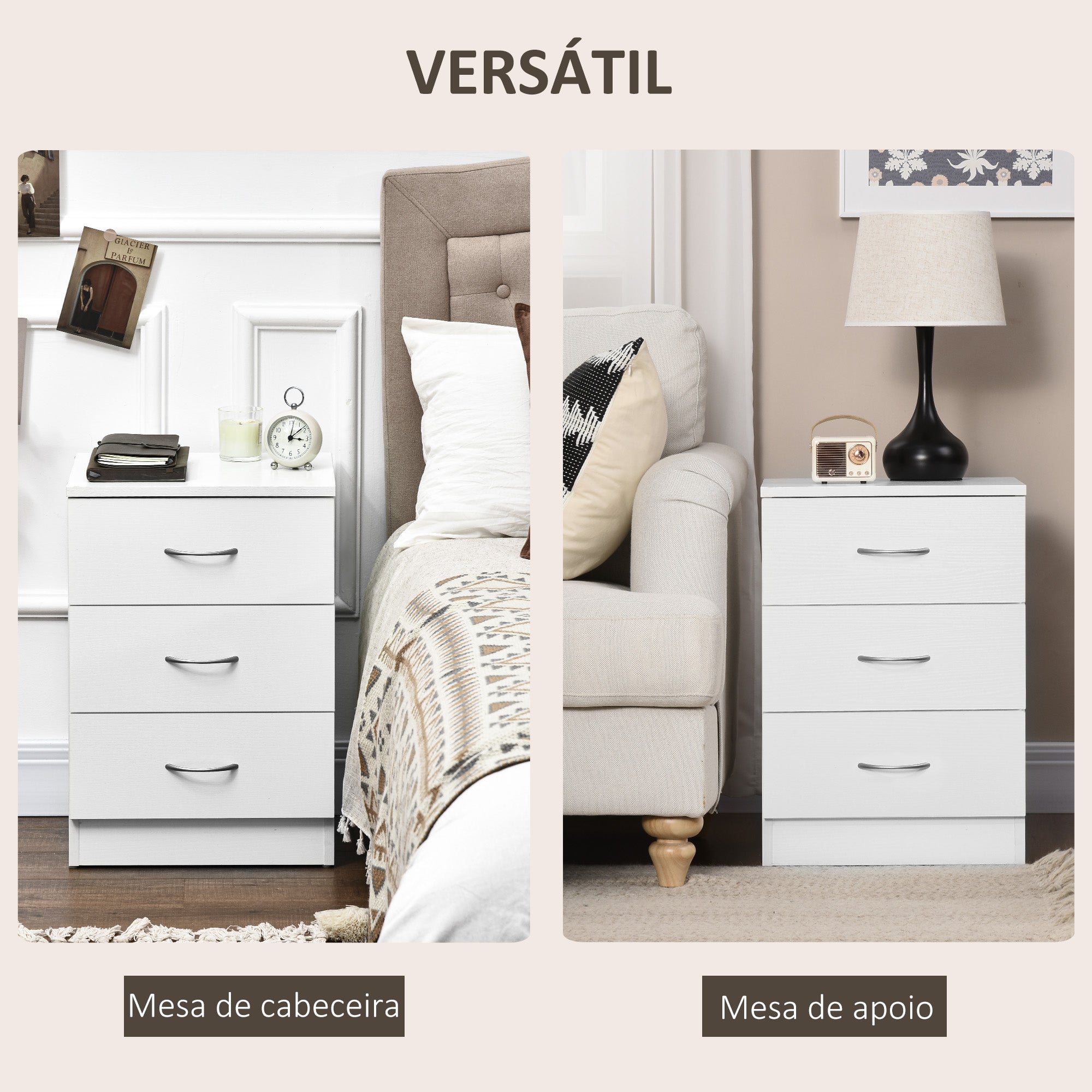 Mesa de Cabeceira Moderna com 3 Gavetas 40x35x58 cm - Branco