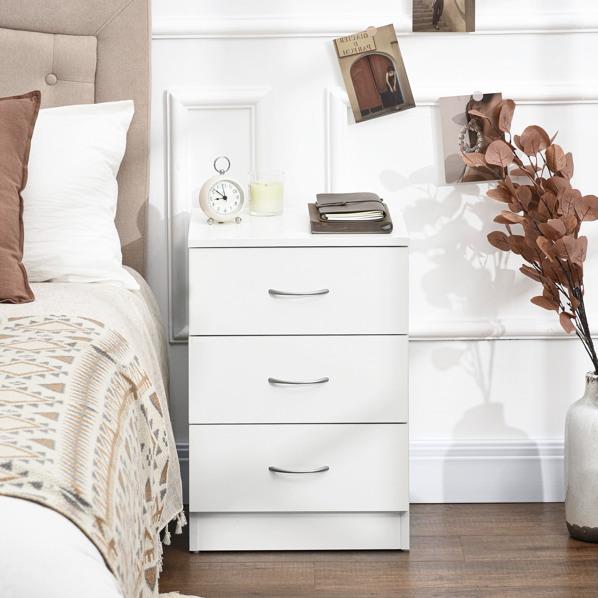 Mesa de Cabeceira Moderna com 3 Gavetas 40x35x58 cm - Branco