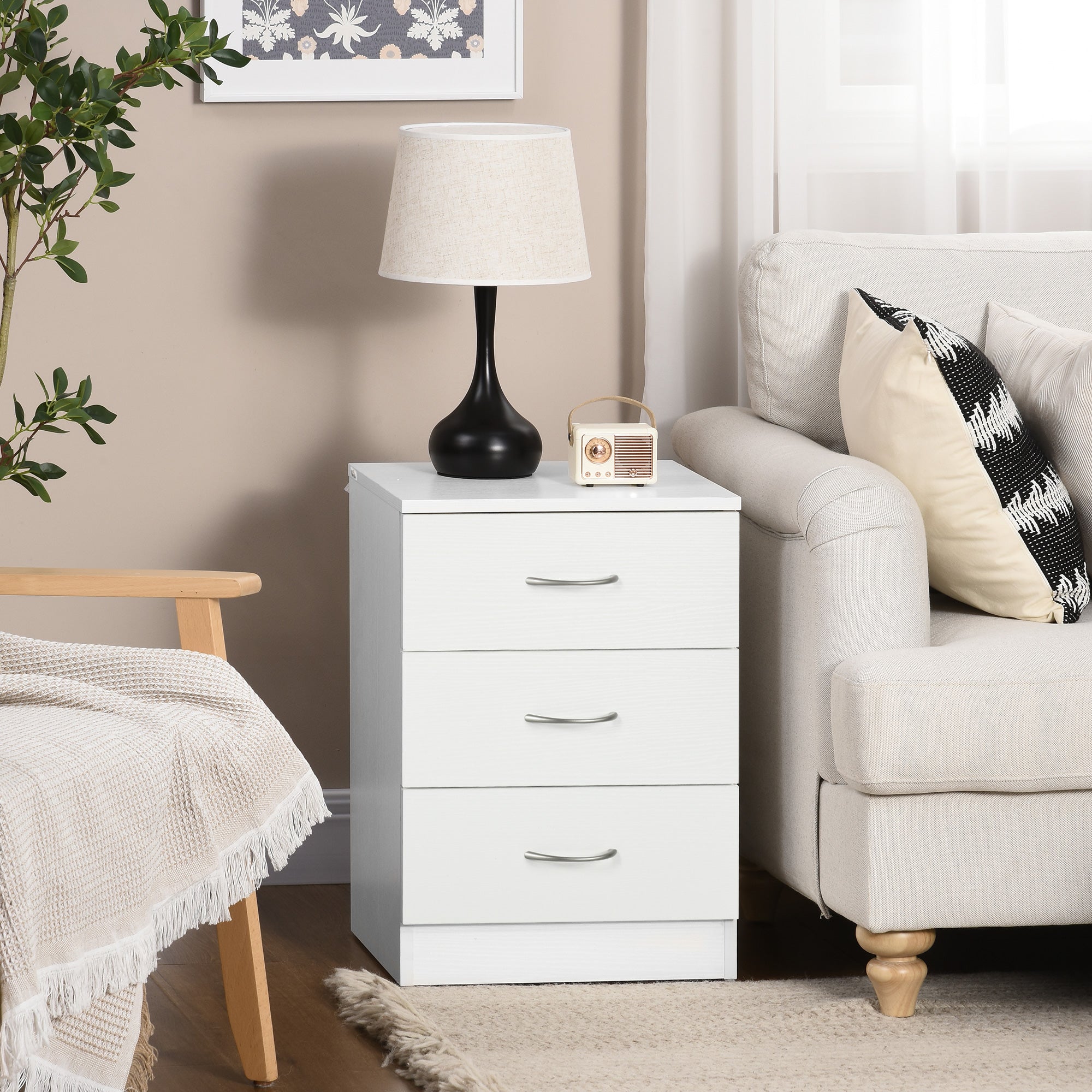Mesa de Cabeceira Moderna com 3 Gavetas 40x35x58 cm - Branco
