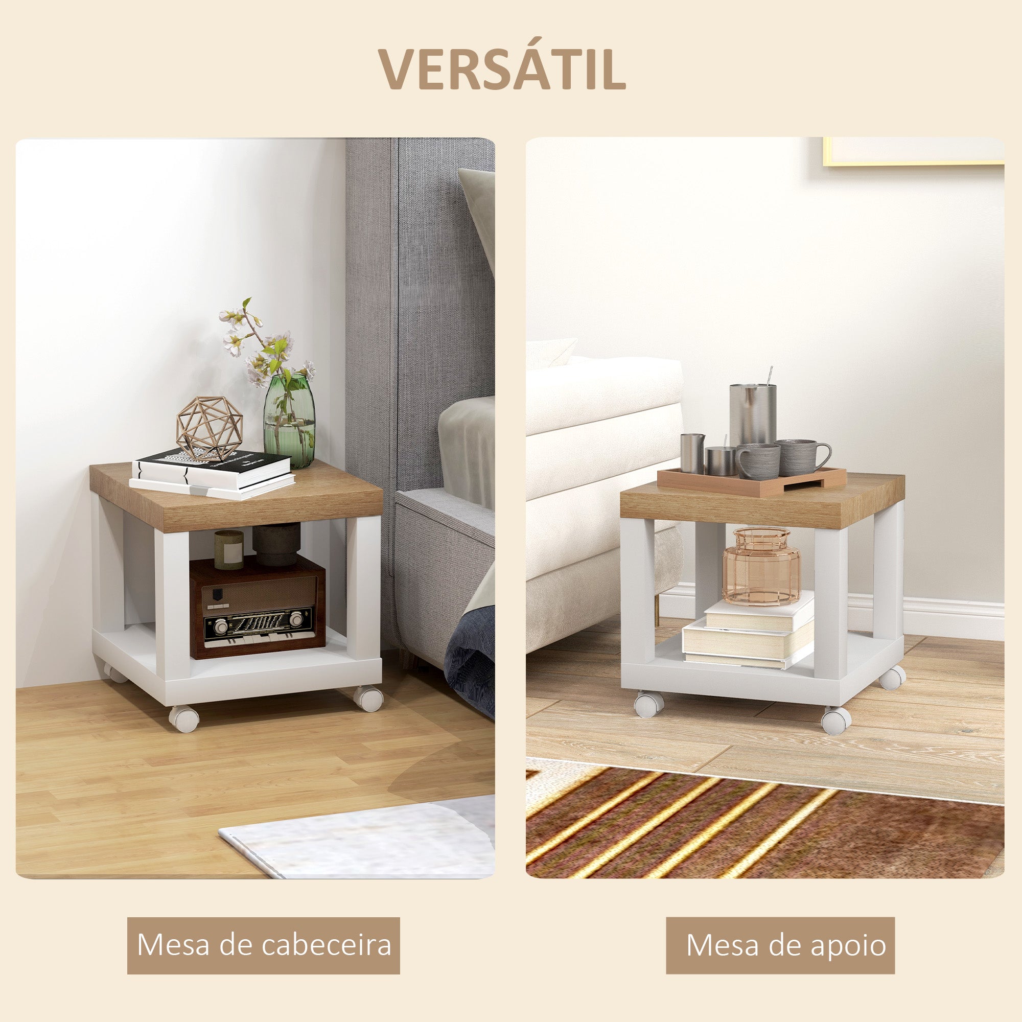 Mesa Auxiliar com Rodas – 40x40x40 cm – Branco e Madeira