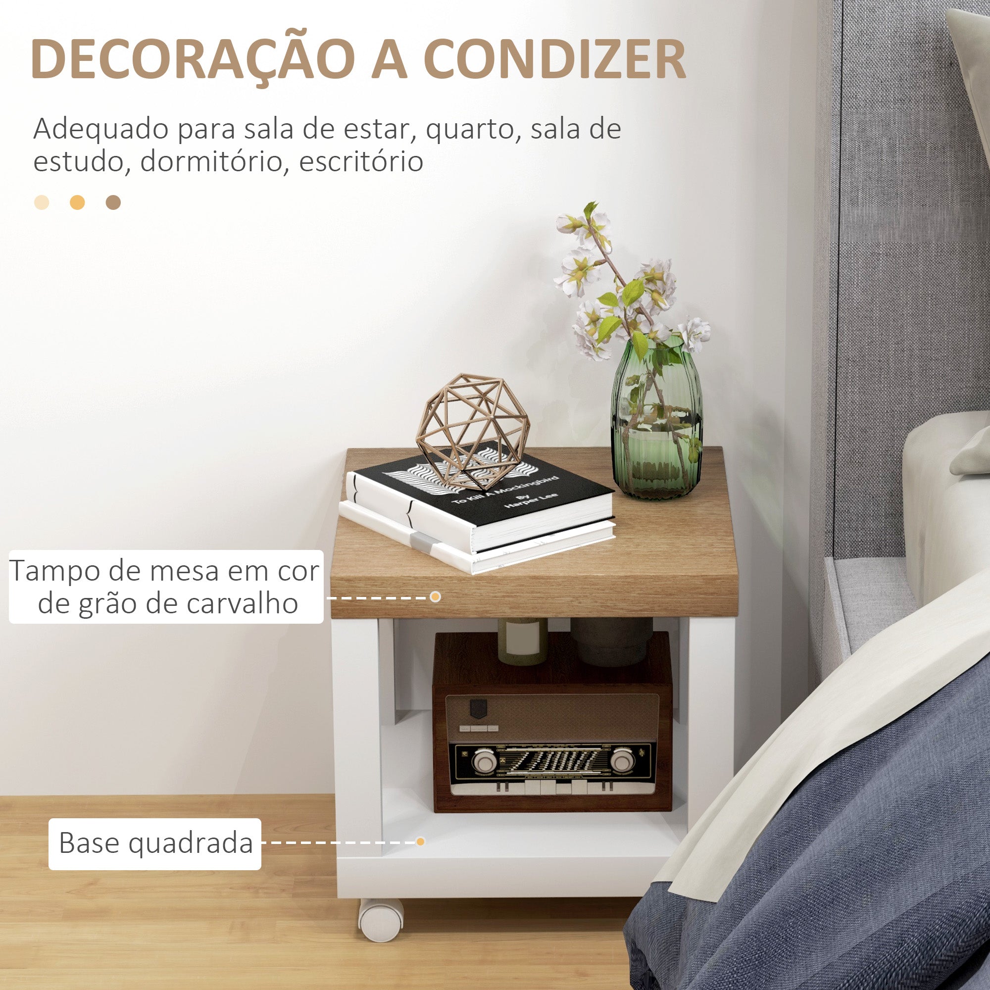 Mesa Auxiliar com Rodas – 40x40x40 cm – Branco e Madeira