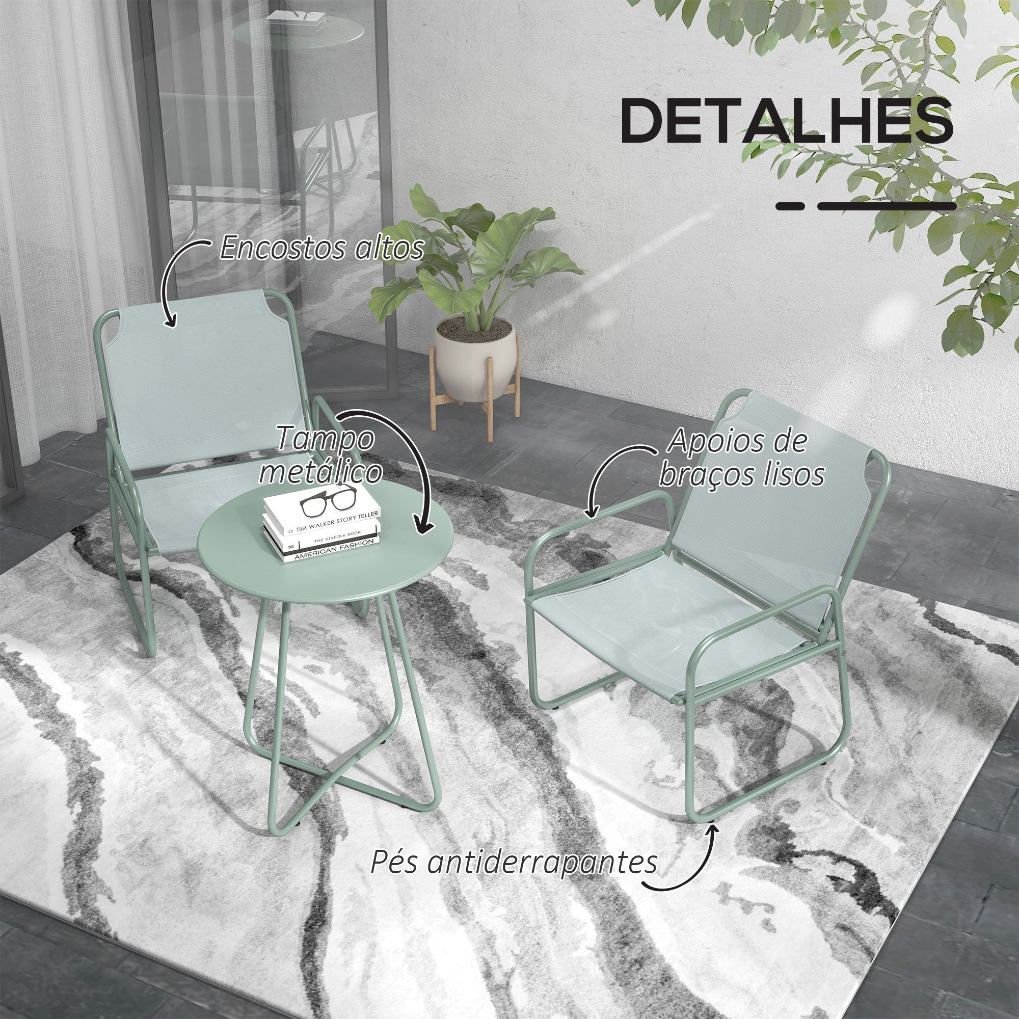 Conjunto de Móveis de Jardim - Mesa Redonda e 2 Cadeiras - Verde 63x57x82 cm