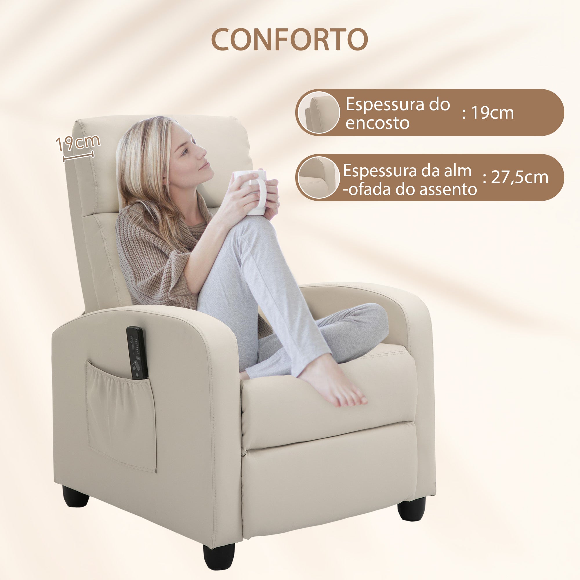 Poltrona de Massagem Relax Reclinável 68x88x98 cm - Cor Creme