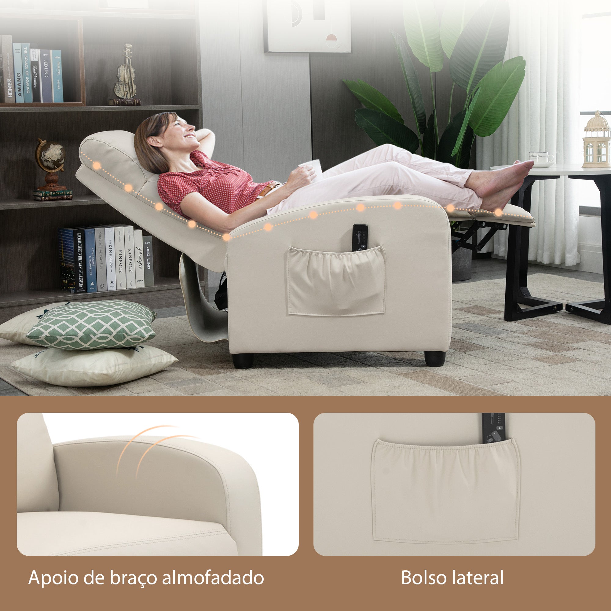 Poltrona de Massagem Relax Reclinável 68x88x98 cm - Cor Creme
