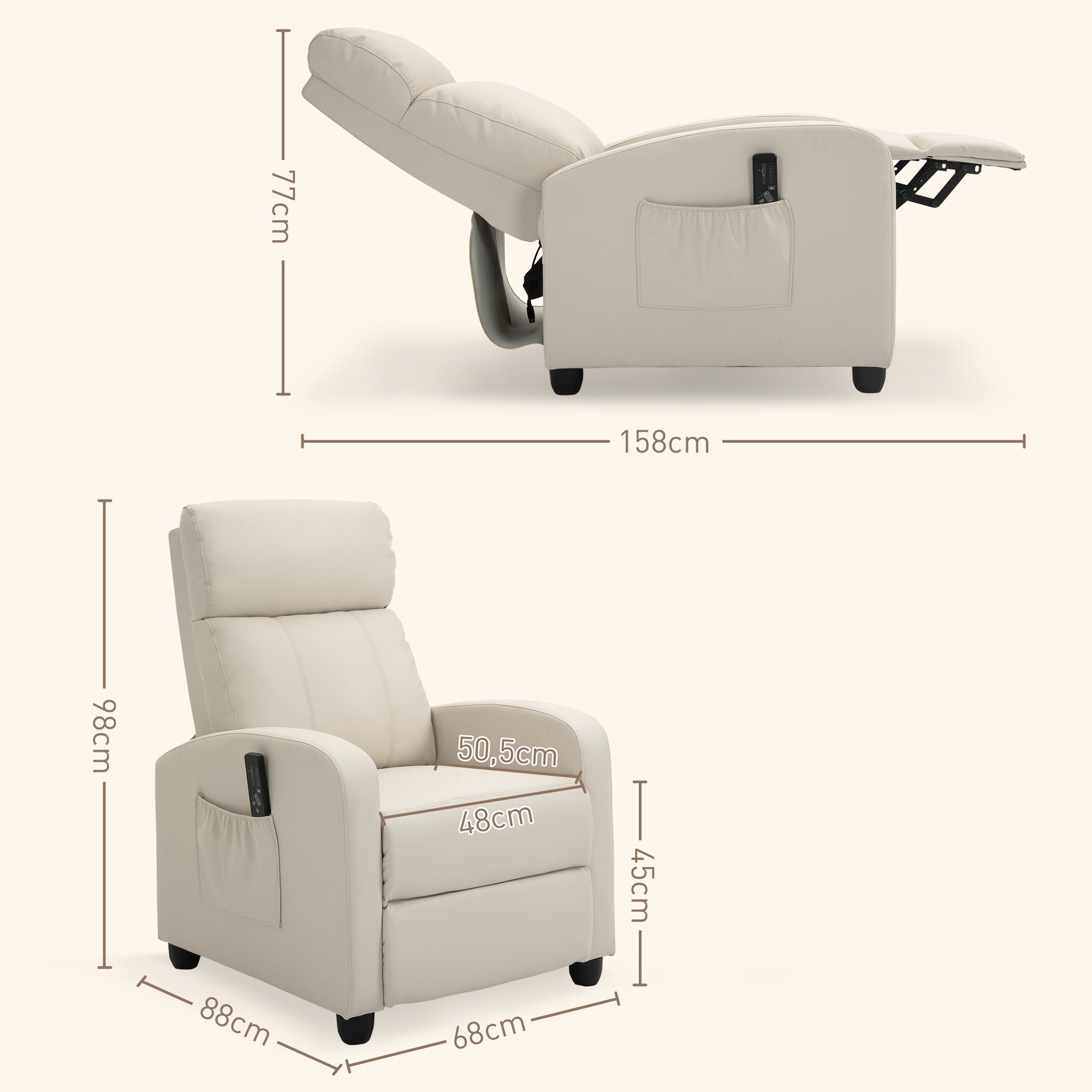 Poltrona de Massagem Relax Reclinável 68x88x98 cm - Cor Creme