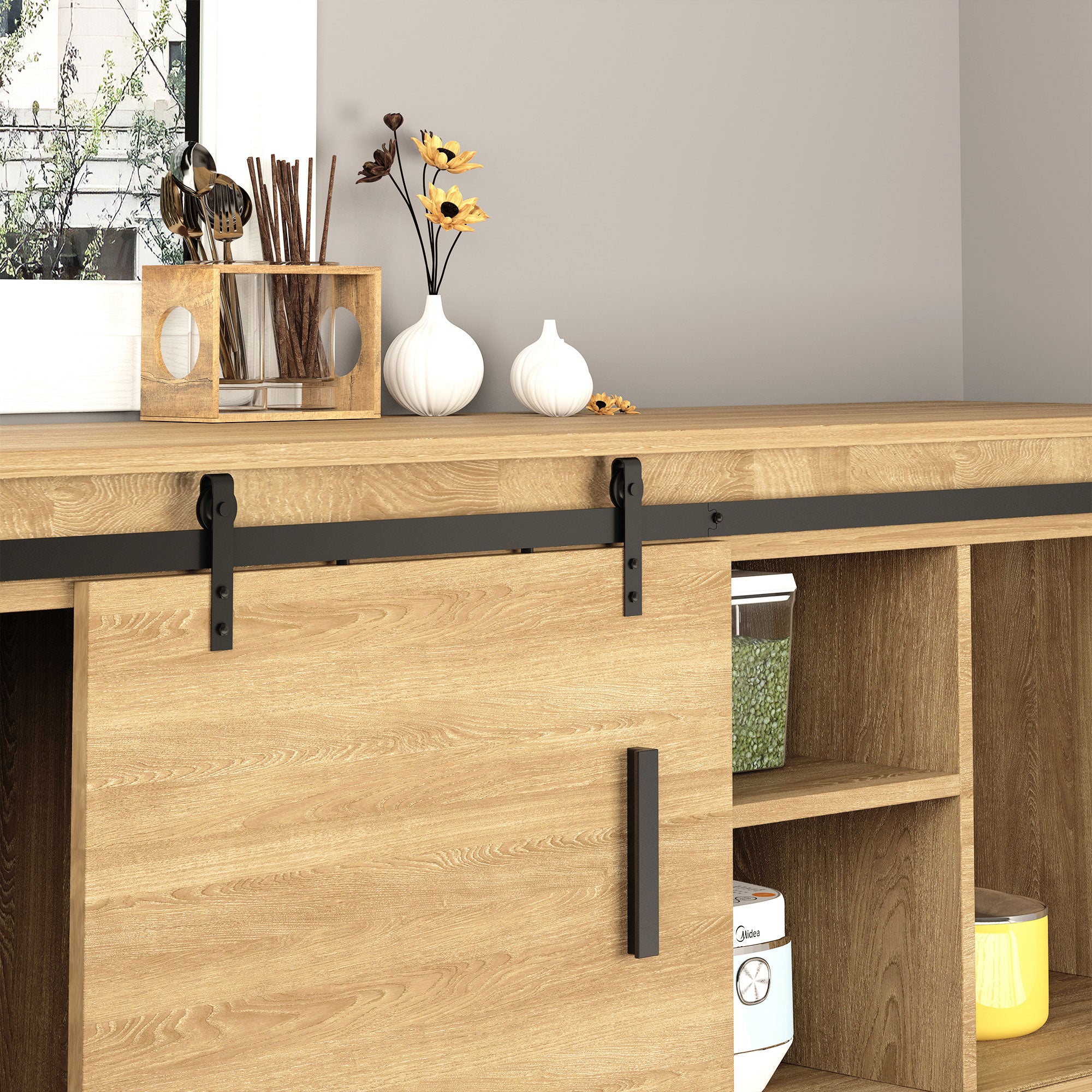 Kit de Ferragens para Porta Corrediça de Armários – 200x0.6x18 cm – Cor Preto – Aço