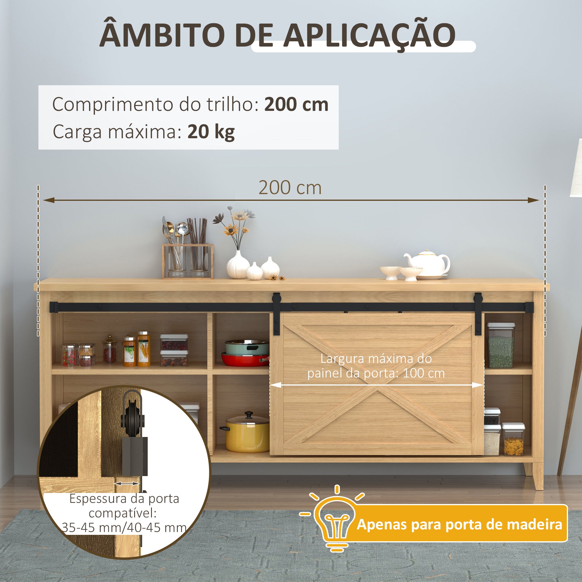 Kit de Ferragens para Porta Corrediça de Armários – 200x0.6x18 cm – Cor Preto – Aço