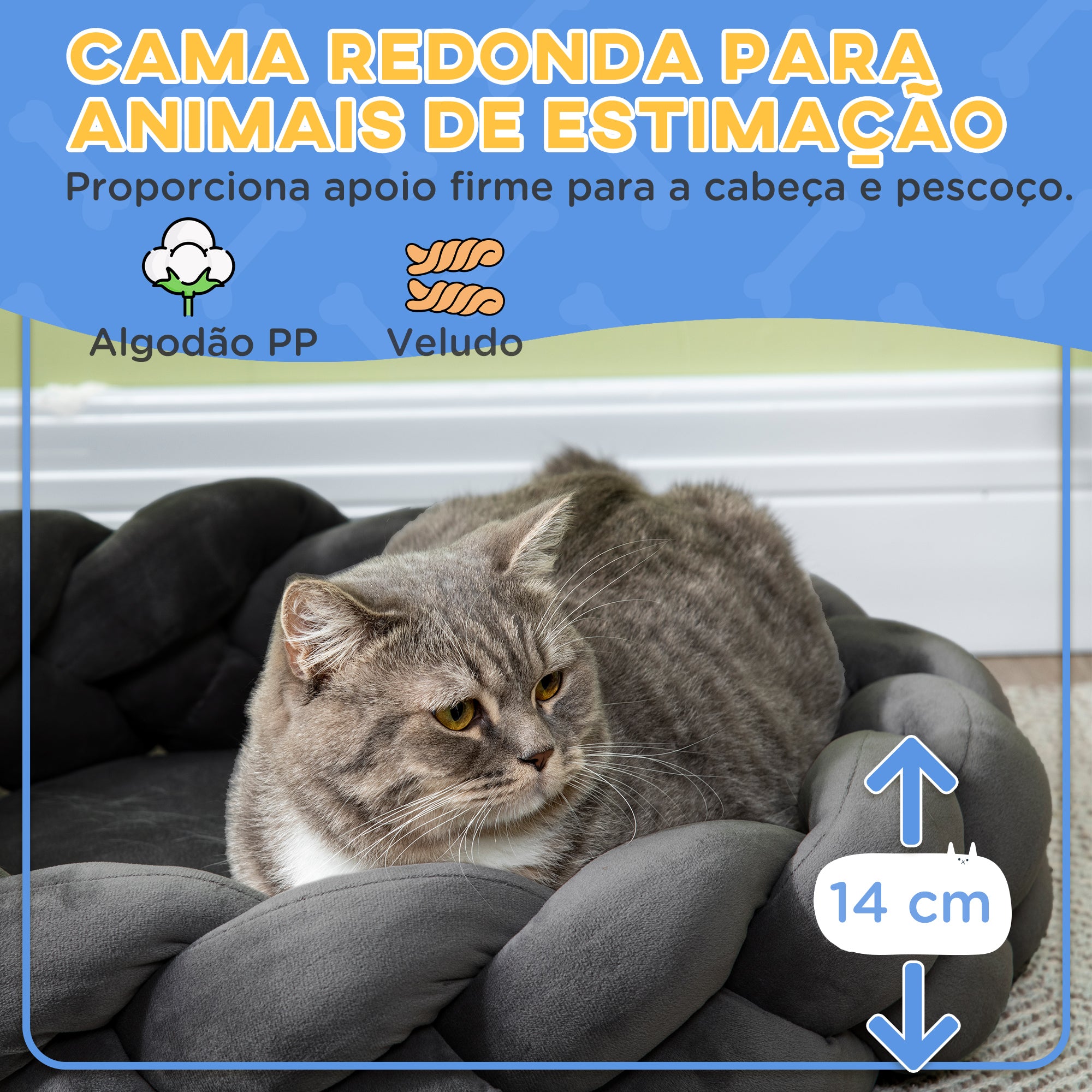 Cama Redonda para Animais de Estimação – Ø55x14 cm – Cinzento – Algodão PP