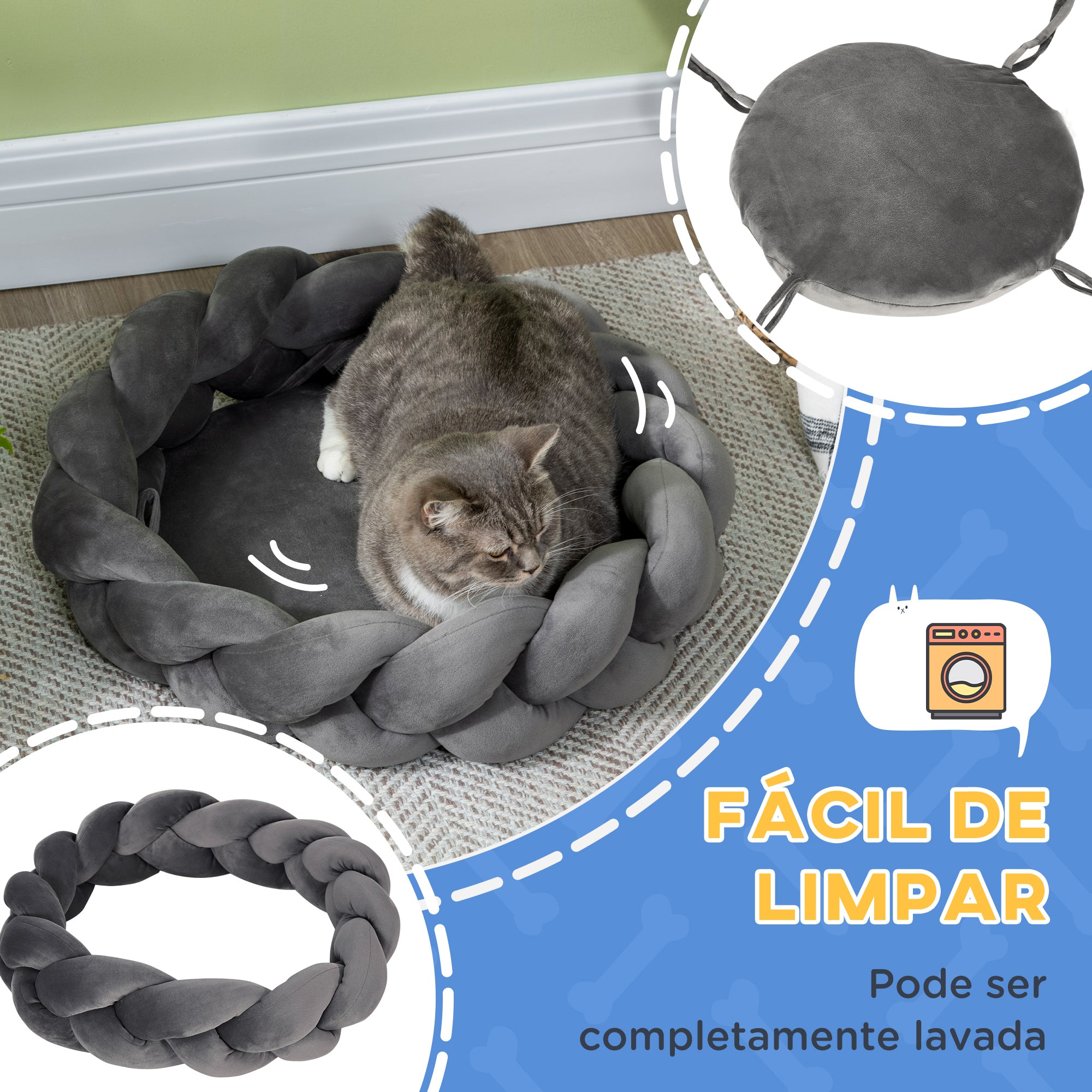 Cama Redonda para Animais de Estimação – Ø55x14 cm – Cinzento – Algodão PP
