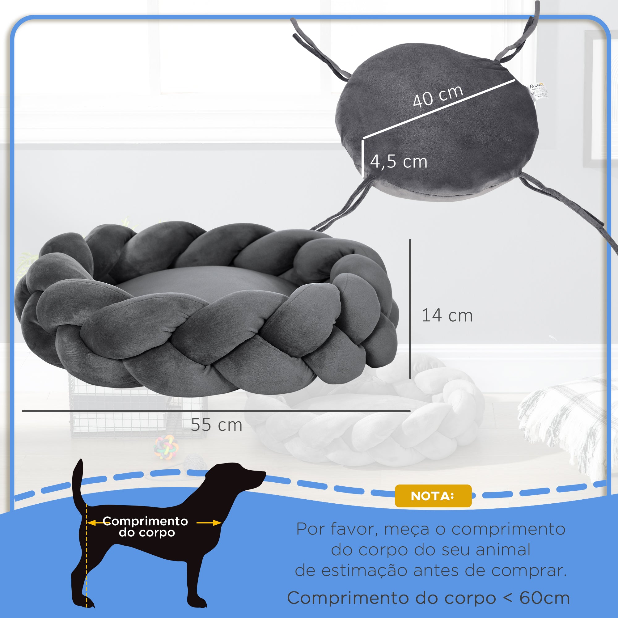 Cama Redonda para Animais de Estimação – Ø55x14 cm – Cinzento – Algodão PP
