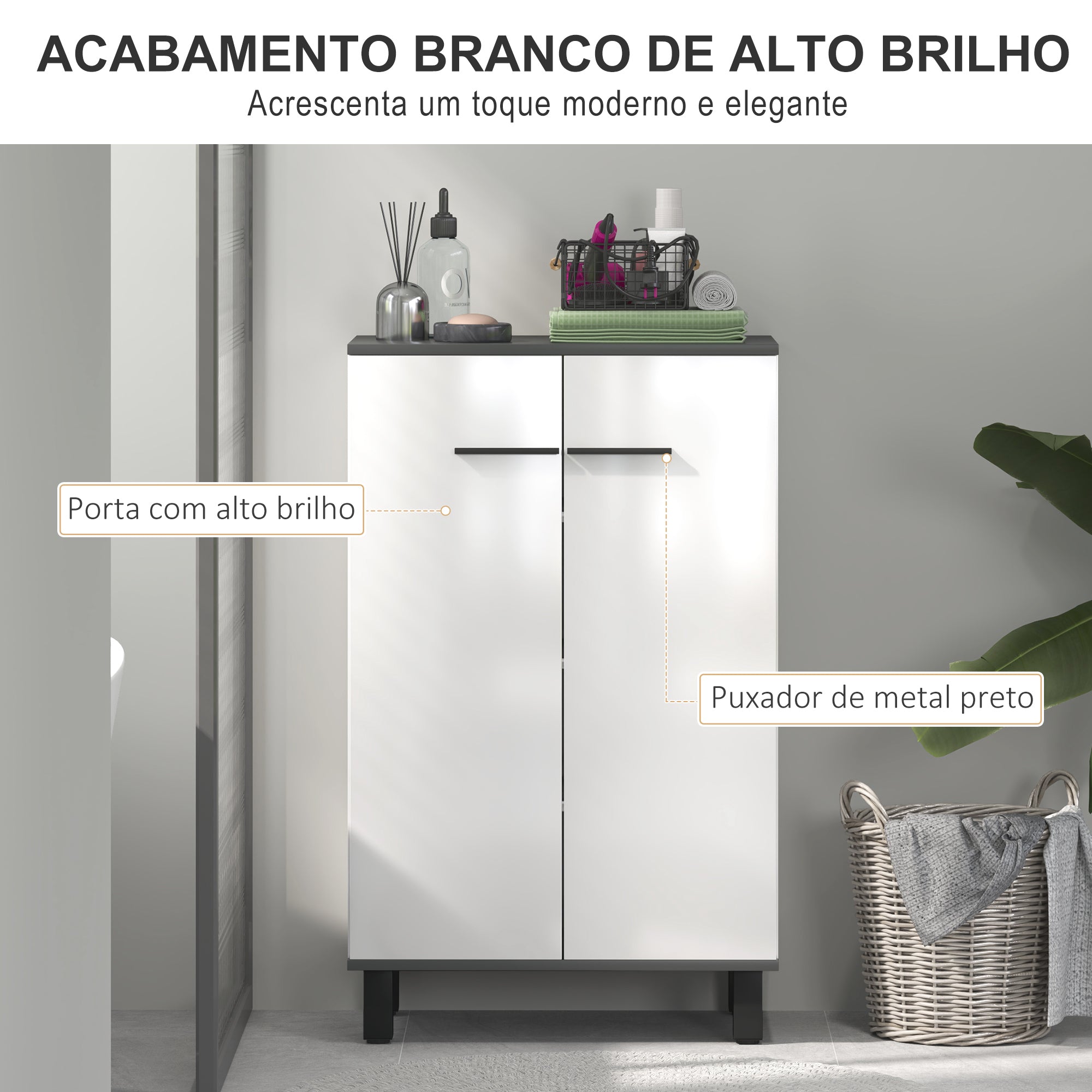 Armário Casa de Banho Móvel Auxiliar 60x34x94 cm Branco e Preto