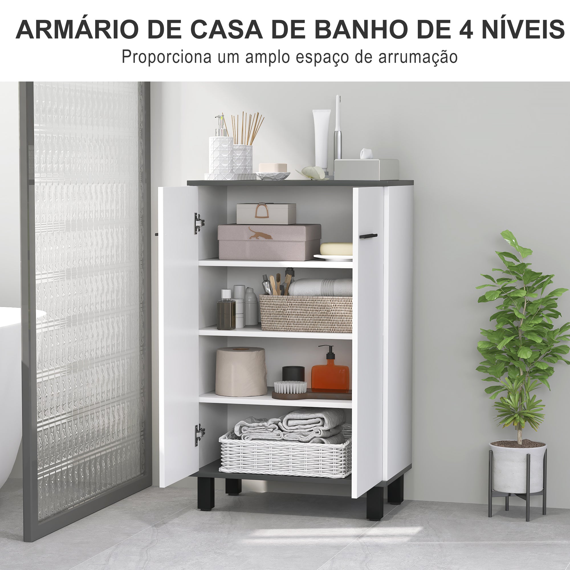 Armário Casa de Banho Móvel Auxiliar 60x34x94 cm Branco e Preto