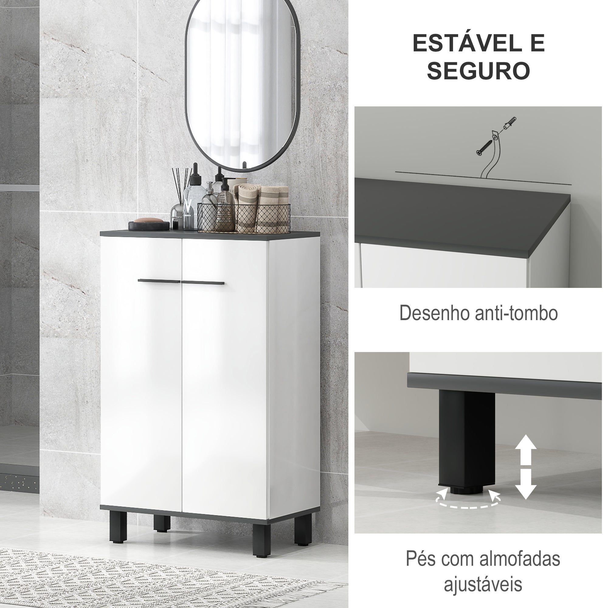 Armário Casa de Banho Móvel Auxiliar 60x34x94 cm Branco e Preto