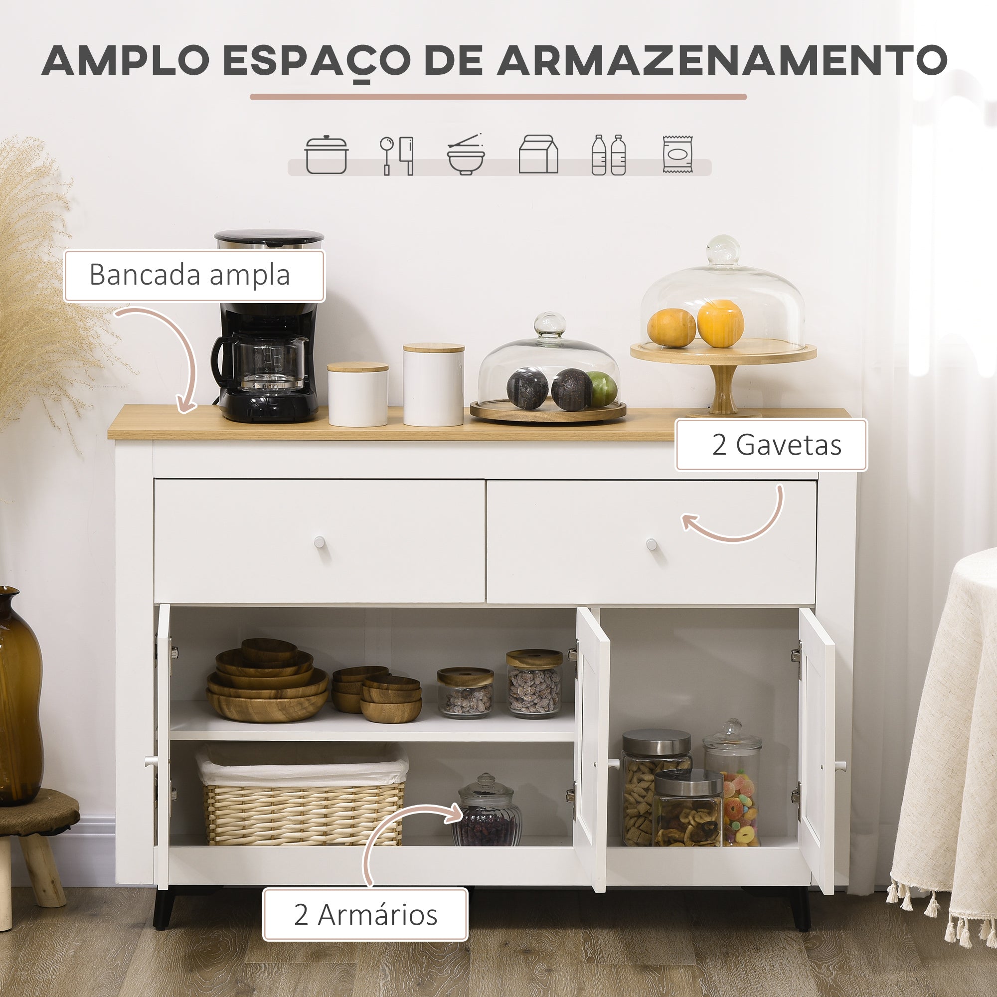 Aparador de Cozinha 117x35x80 cm Branco e Madeira