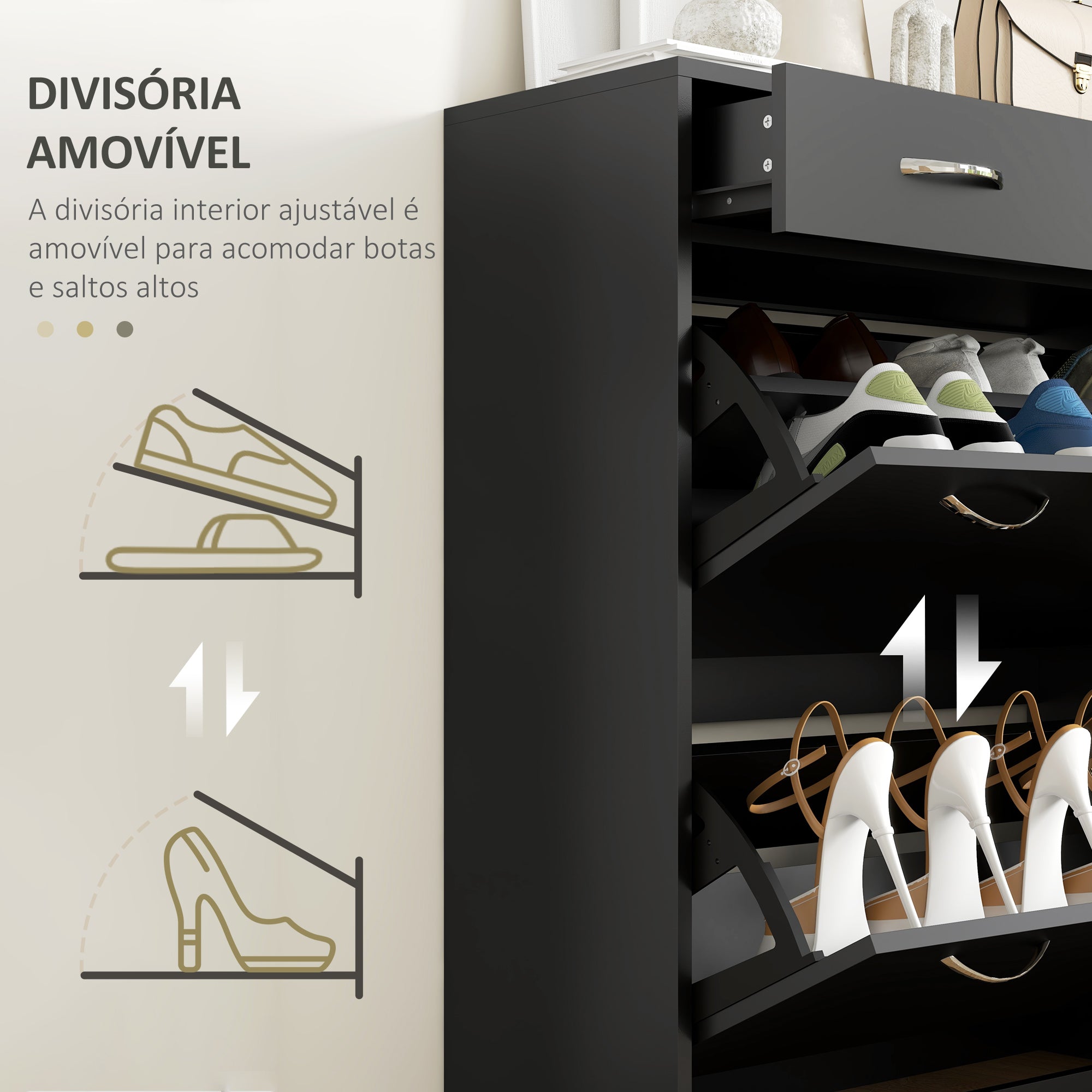 Sapateira Móvel 80x30x91,5 cm Cor Preto - Organize com Estilo