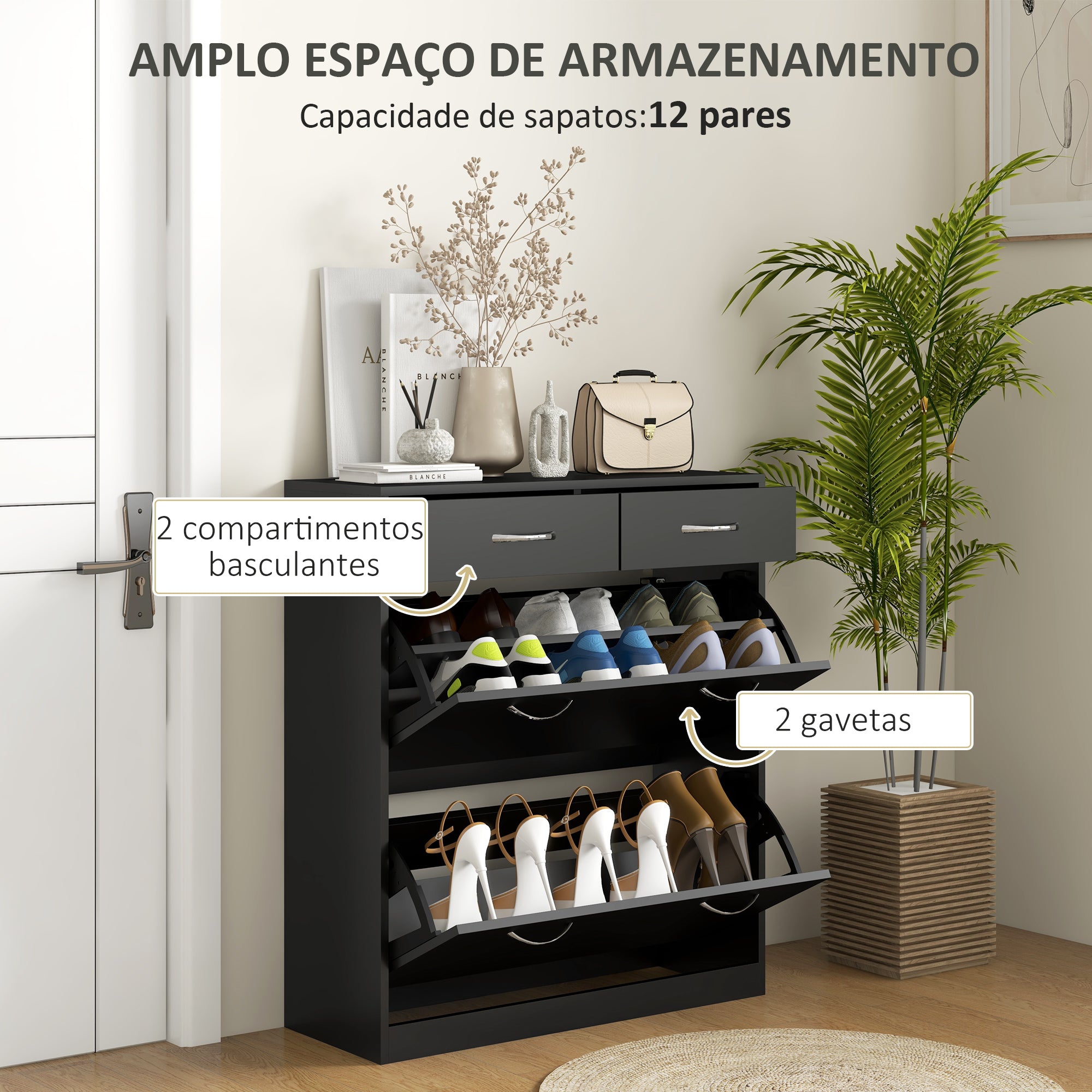 Sapateira Móvel 80x30x91,5 cm Cor Preto - Organize com Estilo