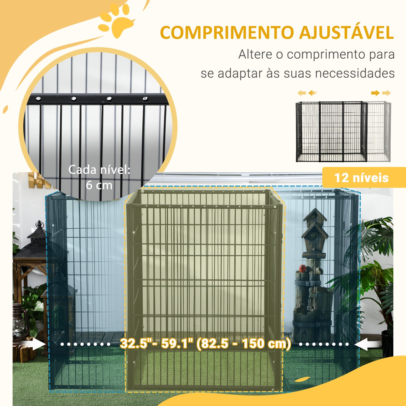 Parque para Cães de 6 Painéis em Metal Ajustável 82,5-150x79x101 cm - Cor Preto