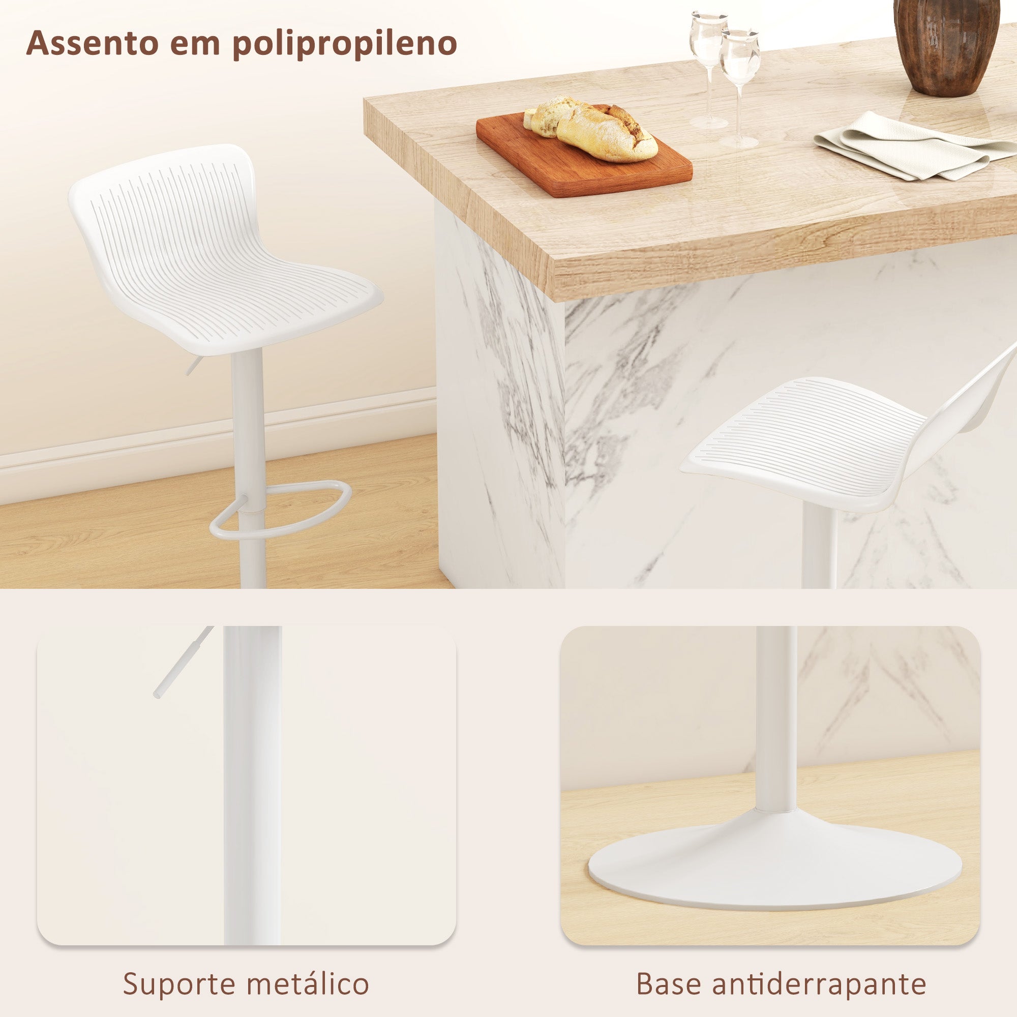 Banco Alto de Cozinha Giratório – 38,5x40x76,5·97,5cm – Branco – Polipropileno e Metal
