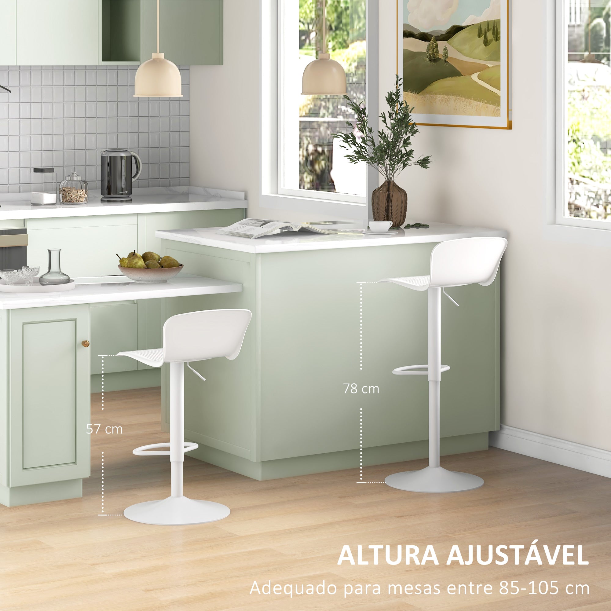 Banco Alto de Cozinha Giratório – 38,5x40x76,5·97,5cm – Branco – Polipropileno e Metal